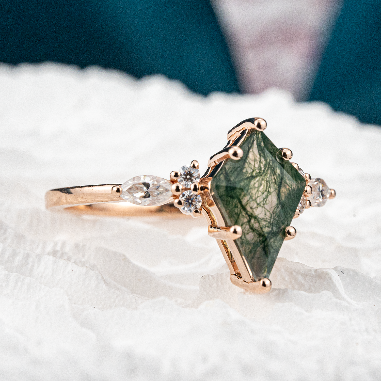 Unique Rose Gold Promise Ring with Kite Moss Agate and Moissanite Accents