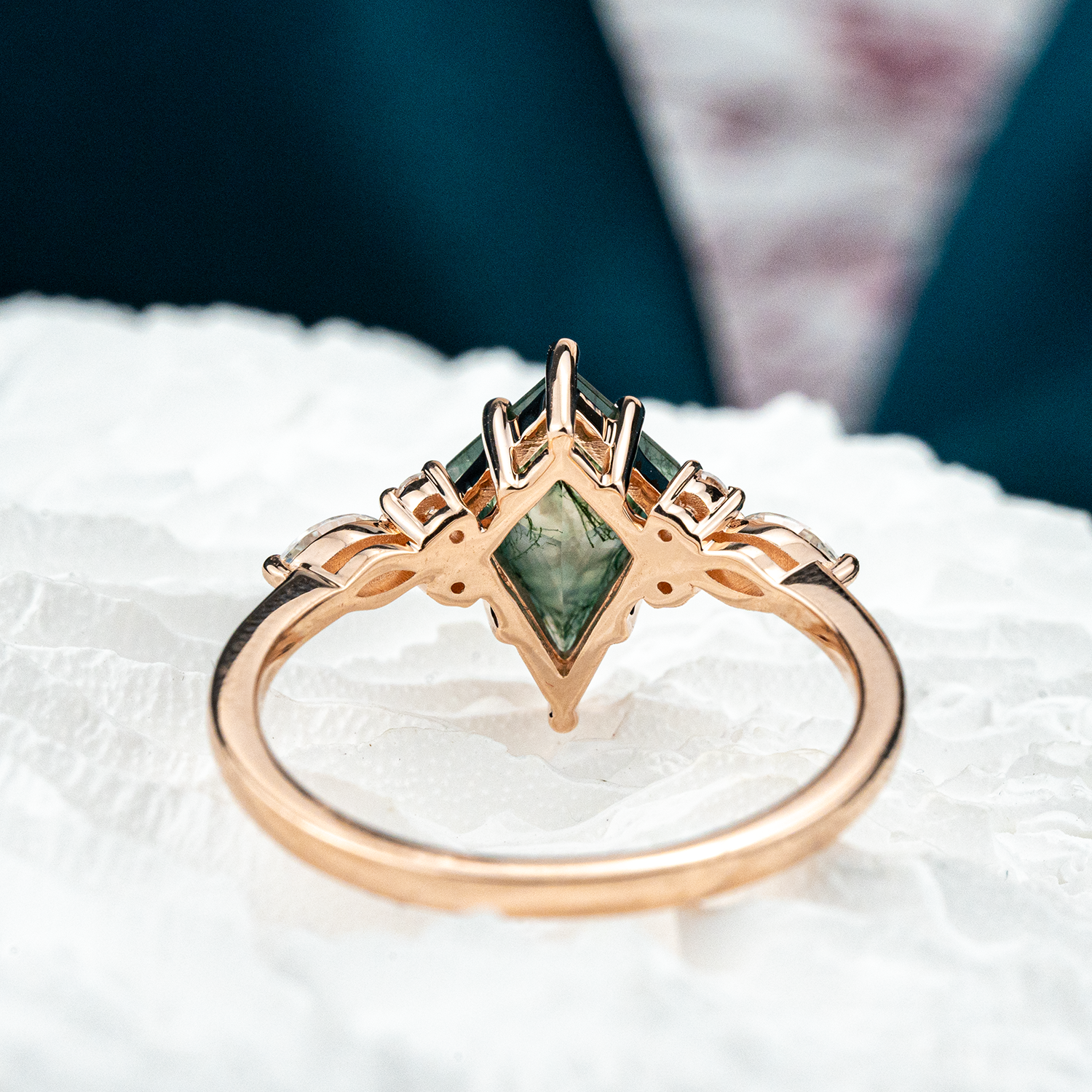 Unique Rose Gold Promise Ring with Kite Moss Agate and Moissanite Accents