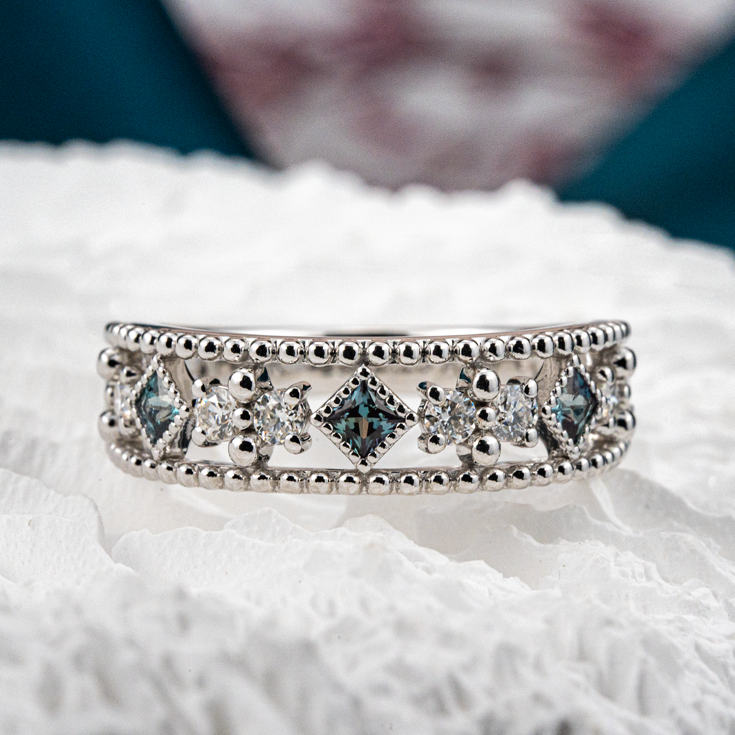 Lab Alexandrite and Moissanite Gold Engagement Band.