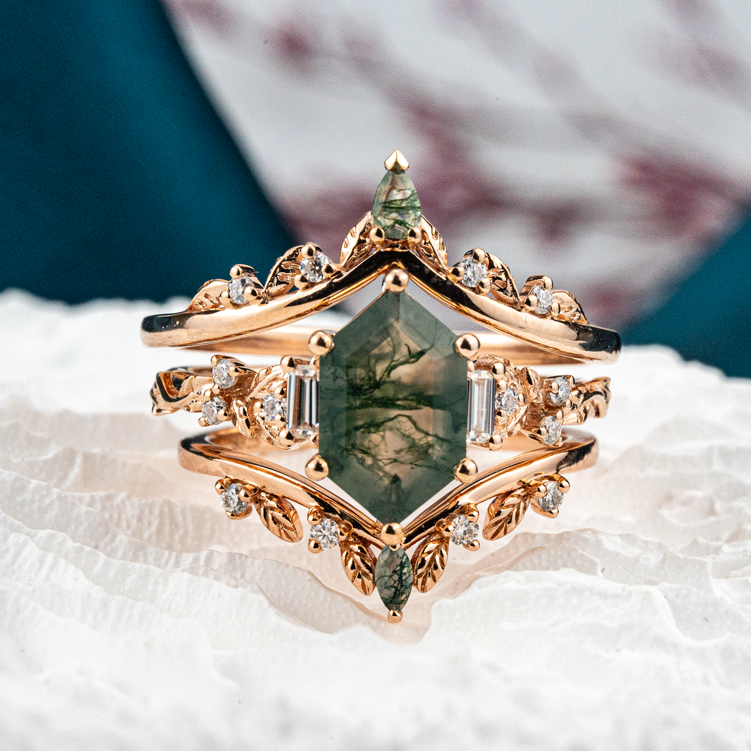 Exquisite Long Hexagon Moss Agate Ring - Luxury Jewelry for Sophisticated Style
