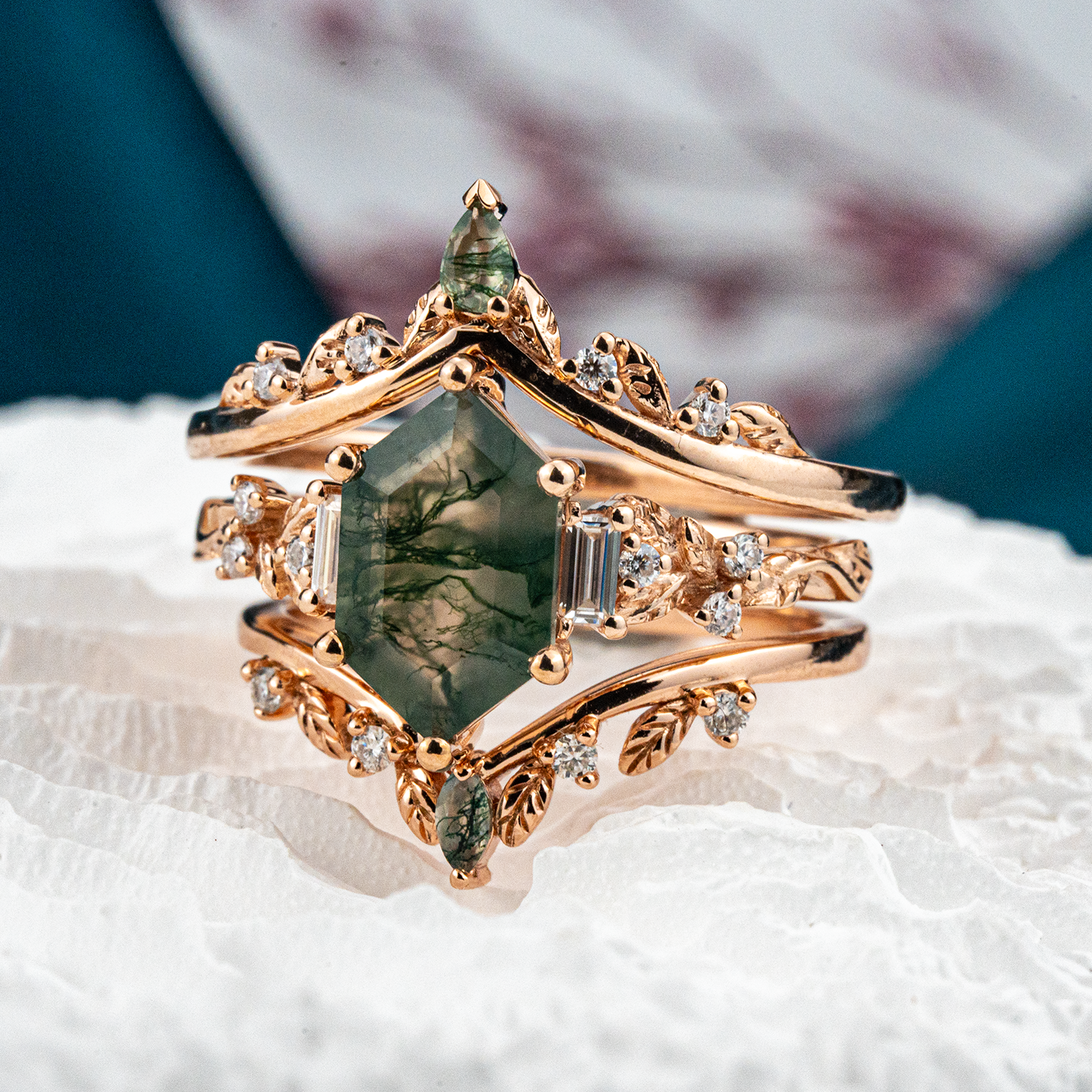 Exquisite Long Hexagon Moss Agate Ring - Luxury Jewelry for Sophisticated Style