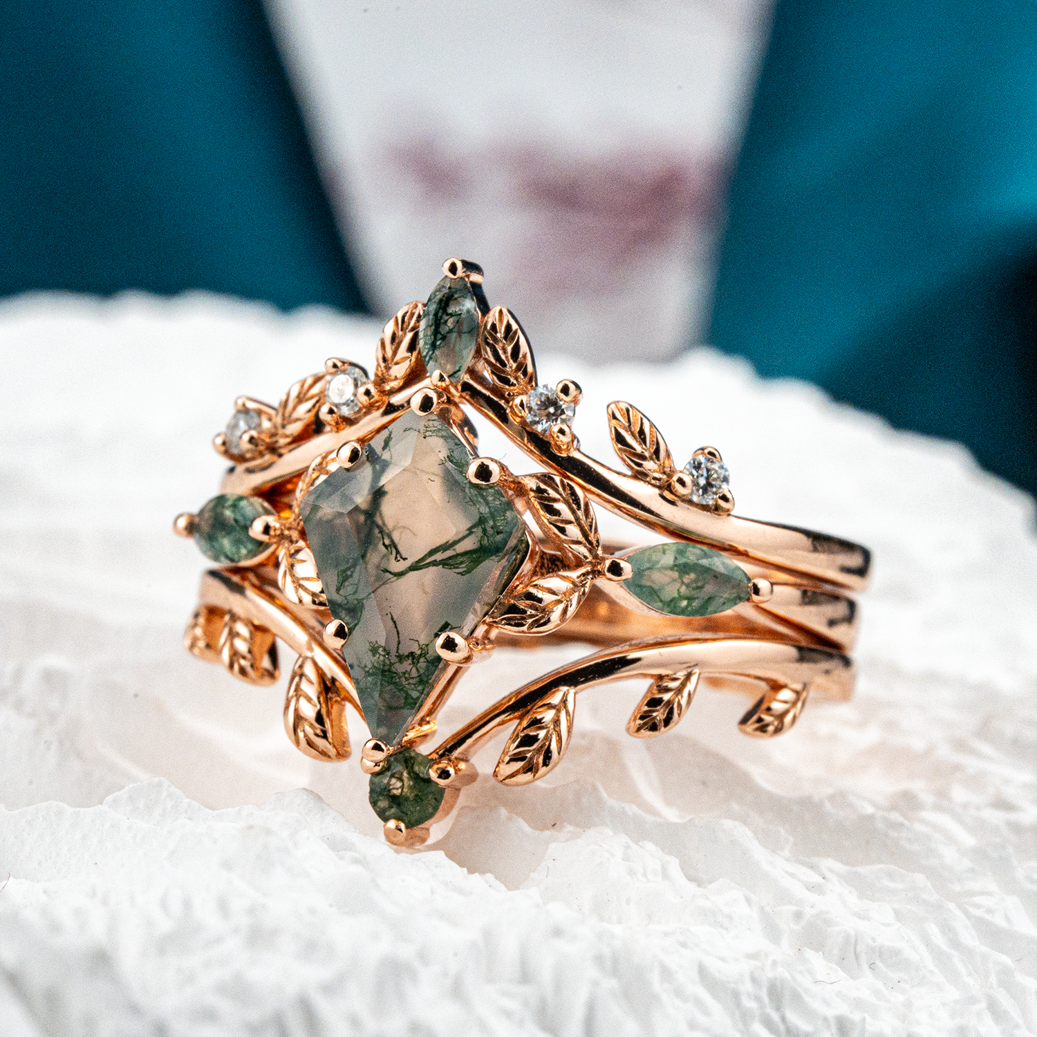 Luxurious Leaf Ring Set featuring Stunning Kite Moss Agate Stones