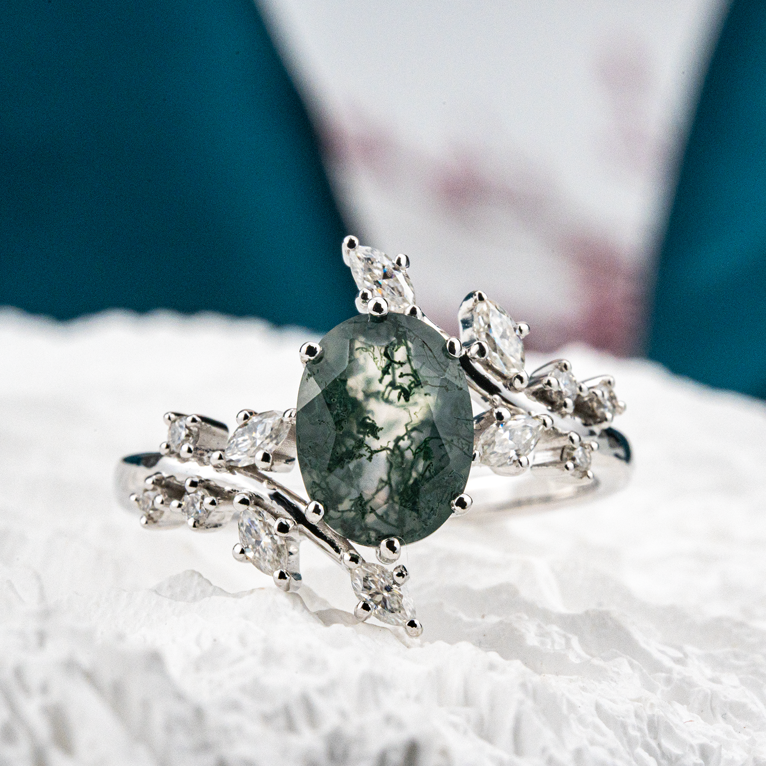 Oval Moss Agate White Gold Leaf Ring.