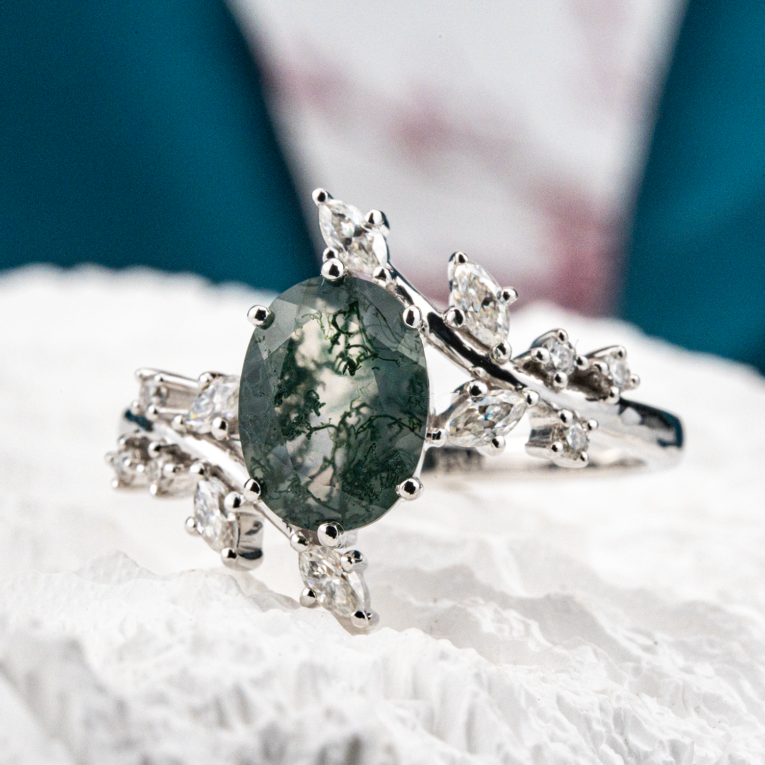 Oval Moss Agate White Gold Leaf Ring.
