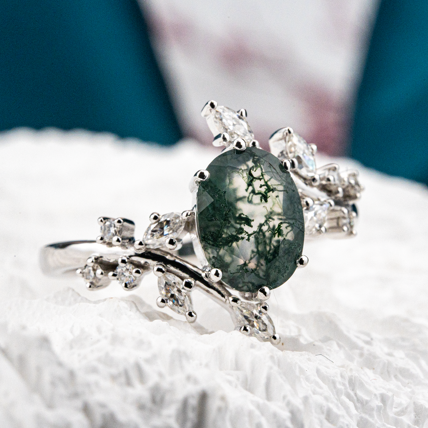 Oval Moss Agate White Gold Leaf Ring.