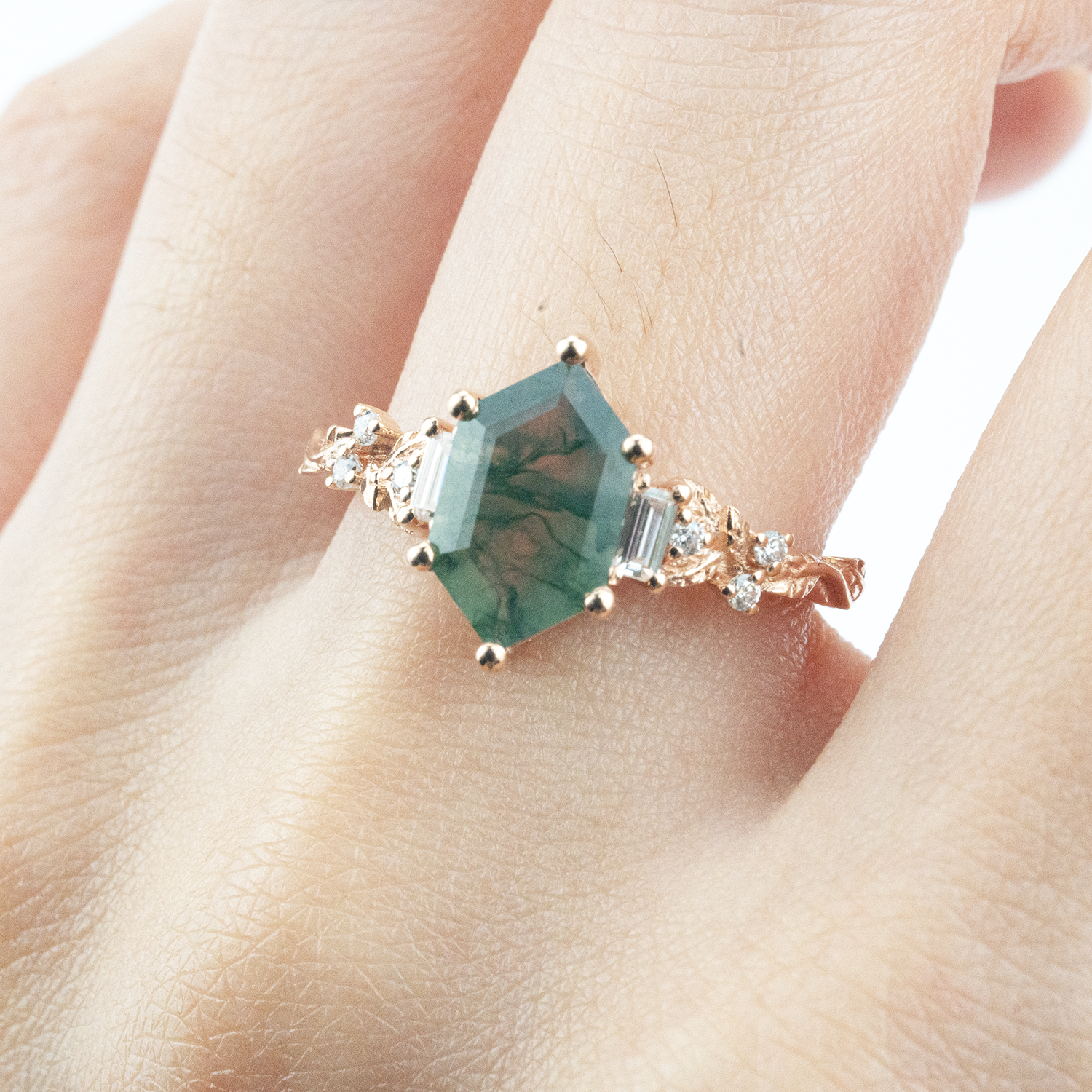 Hexagon Cut Moss Agate Engagement Ring Leaf Engagement Ring Vintage Match Ring-8