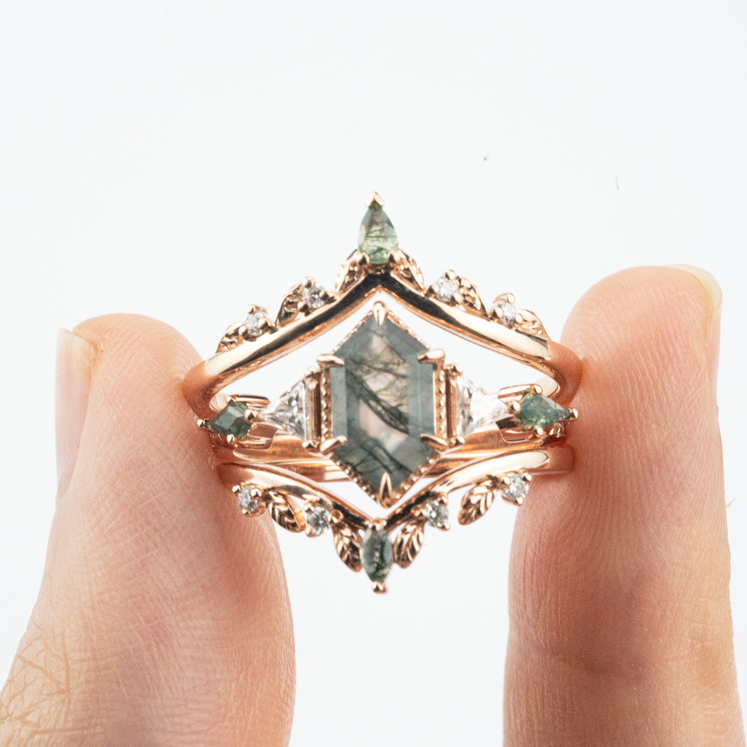 Exquisite Long Hexagon Moss Agate Ring - Luxury Jewelry for Sophisticated Style