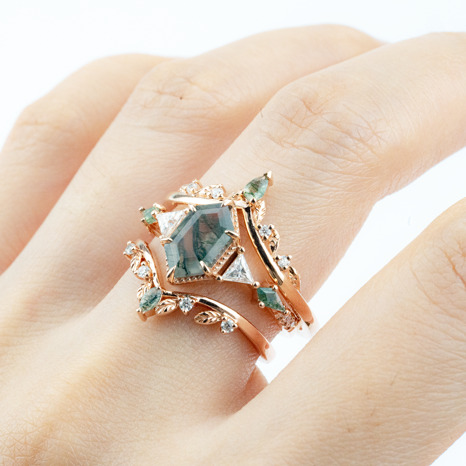 Exquisite Long Hexagon Moss Agate Ring - Luxury Jewelry for Sophisticated Style
