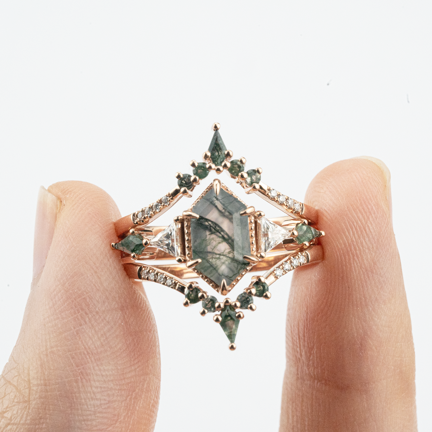 Handcrafted Long hexagonal moss agate Ring Set, perfect as a statement piece