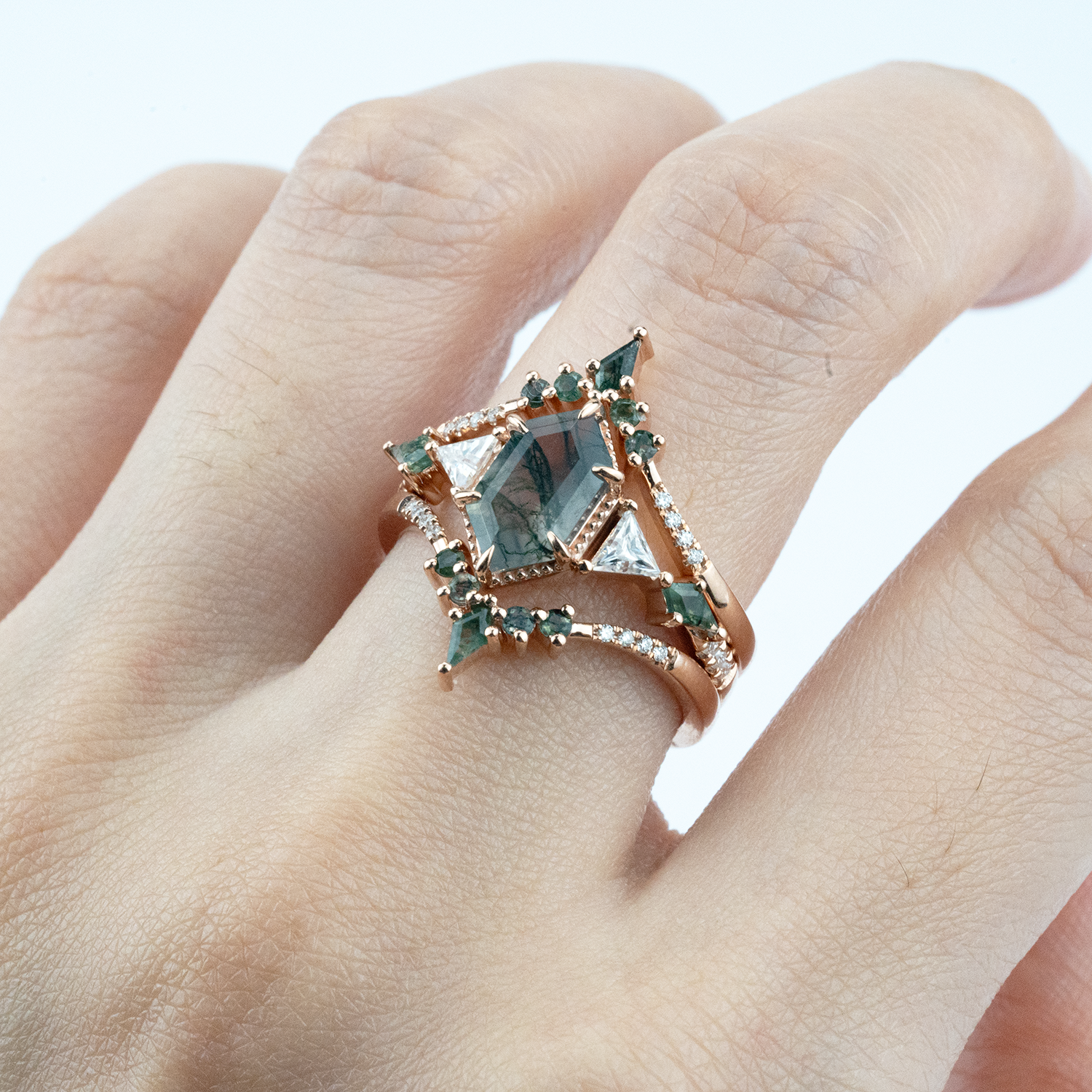 Vintage Hexagonal Moss Agate Nature-Inspired Rings Set Agate Engagement Ring