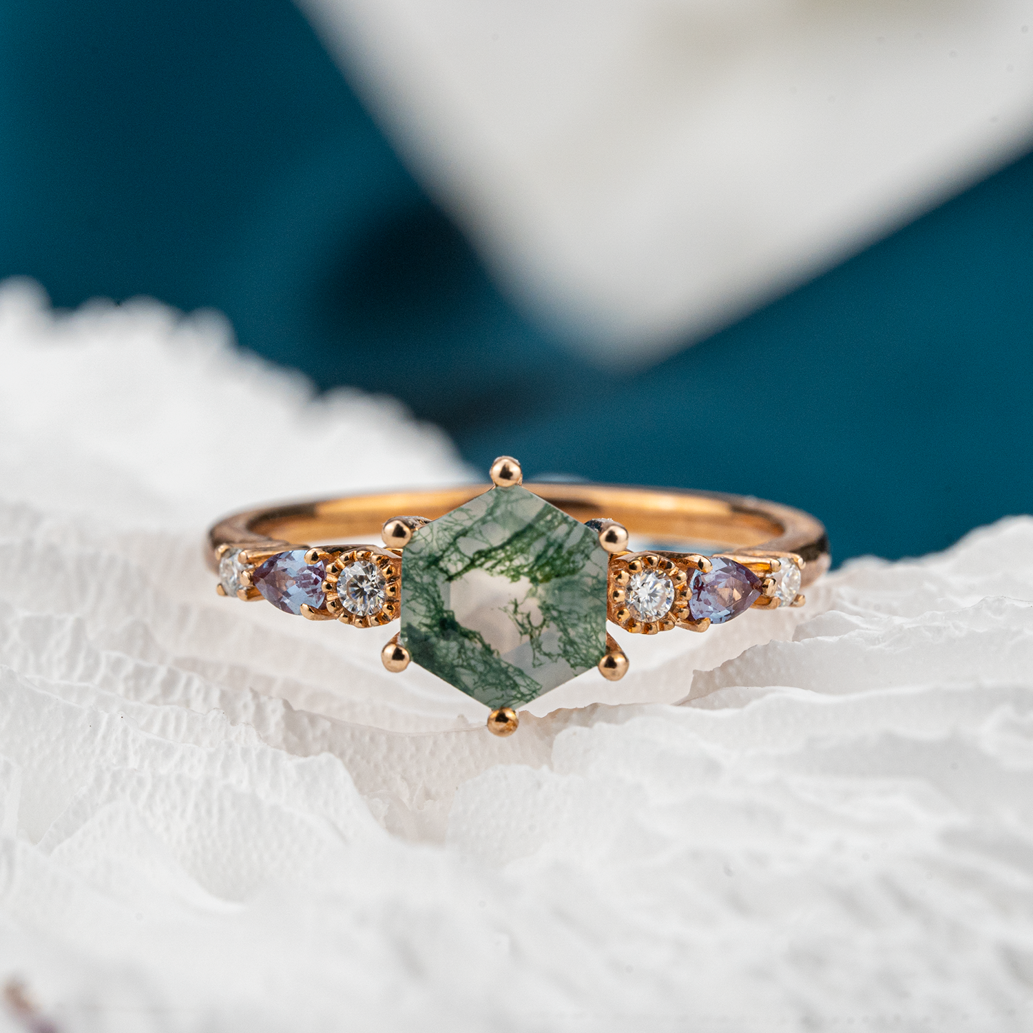 Premium Hexagon Moss Agate Engagement Ring for Her