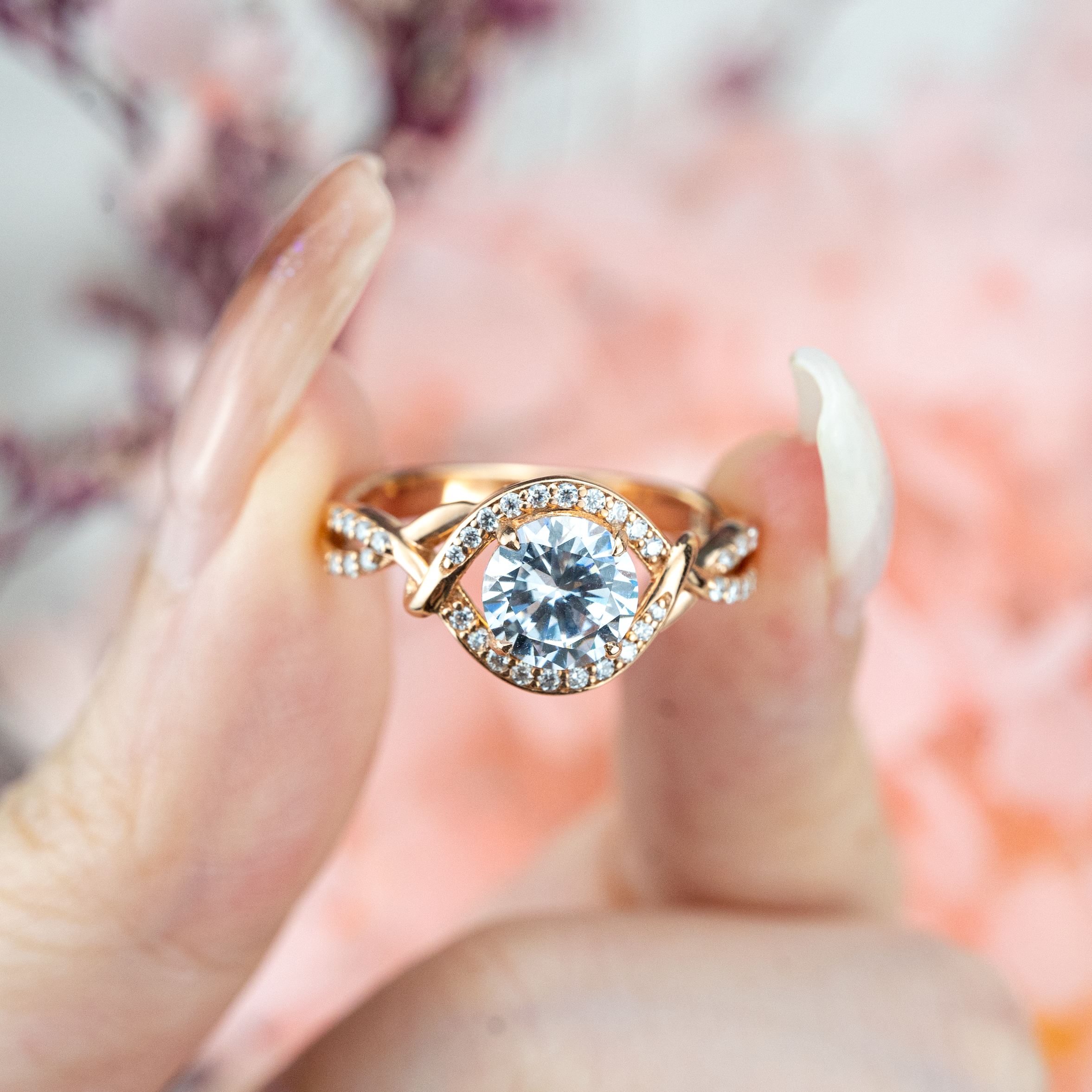 Moissanite round ring in rose gold setting for elegant style