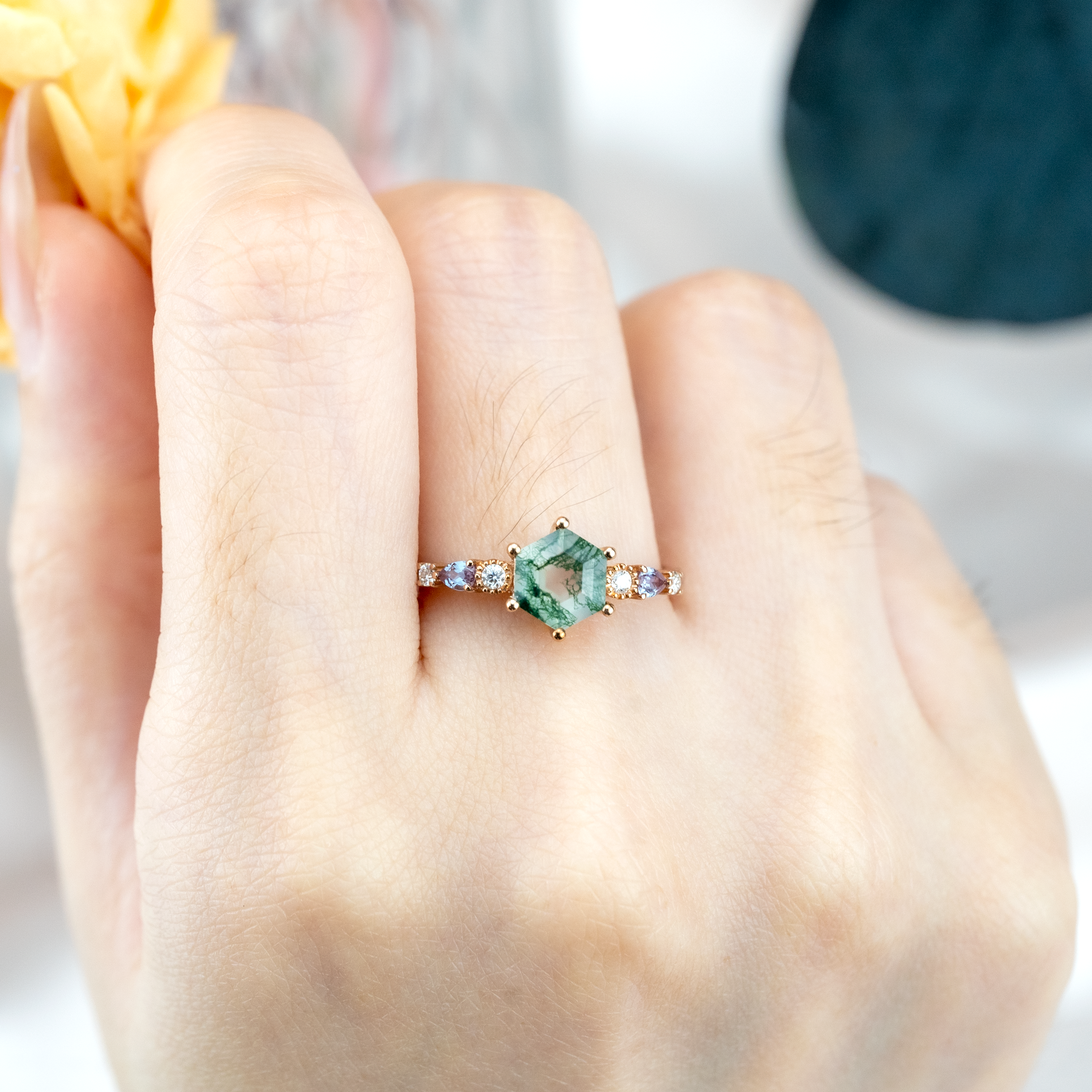 Premium Hexagon Moss Agate Engagement Ring for Her