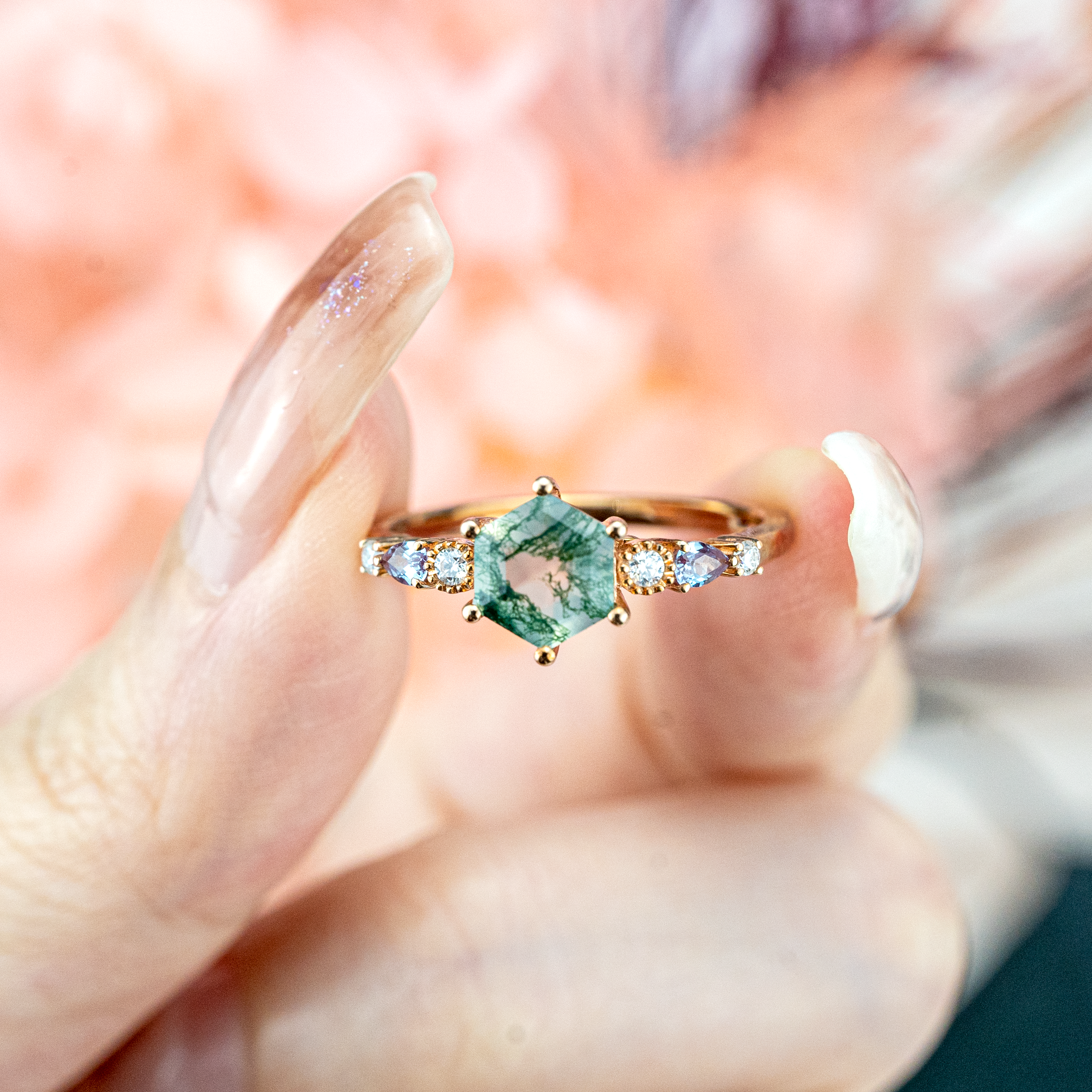 Premium Hexagon Moss Agate Engagement Ring for Her