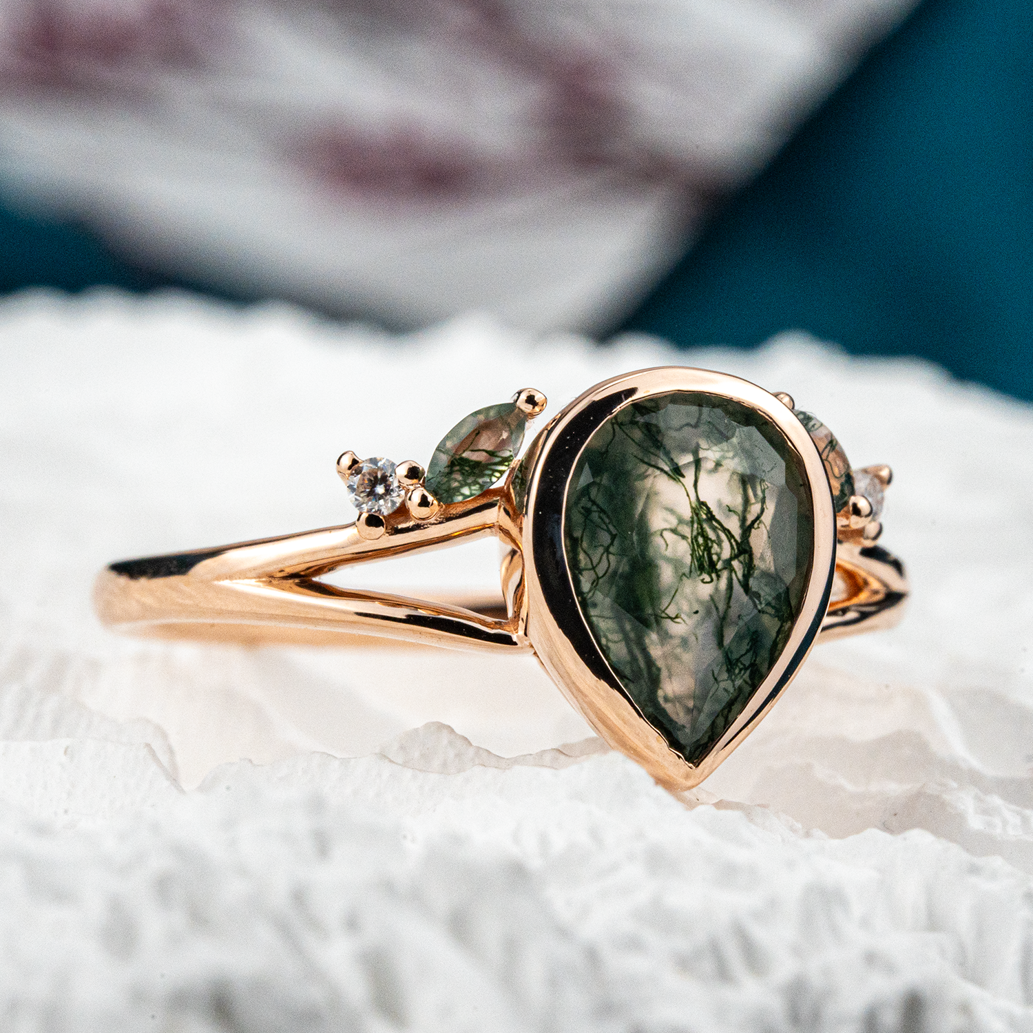 Pear Moss Agate Ring - Handcrafted Leaf Design Jewelry for Unique Style
