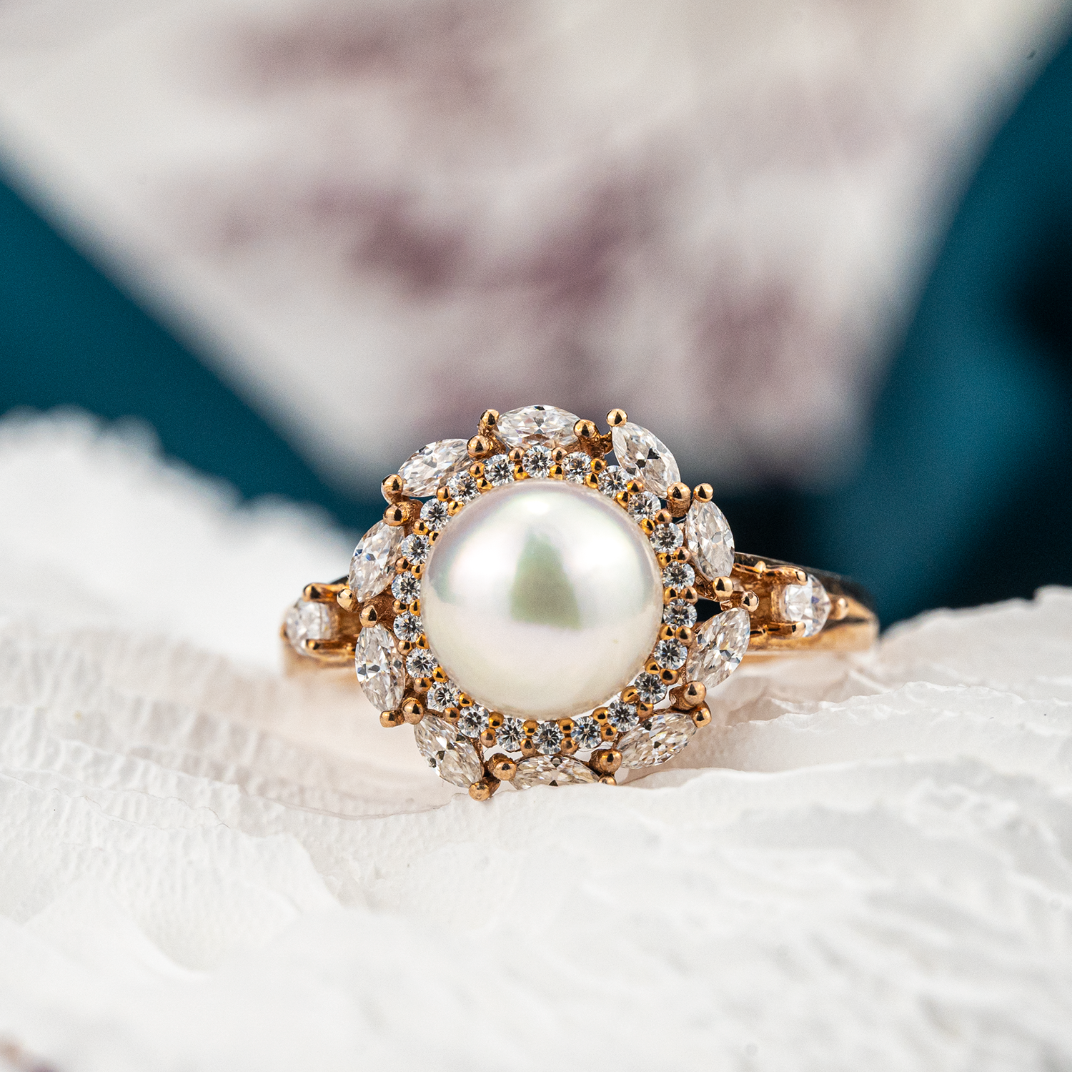 Vintage Pearl Engagement Ring Moissanite.