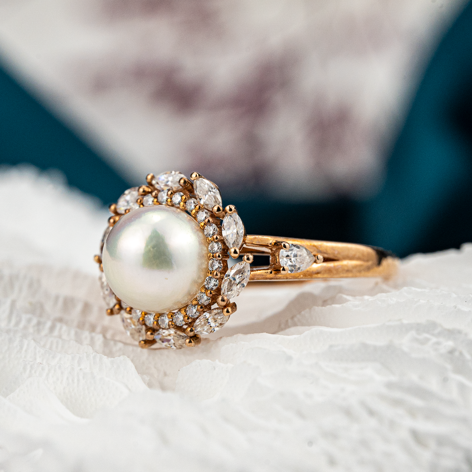 Vintage Pearl Engagement Ring Moissanite.