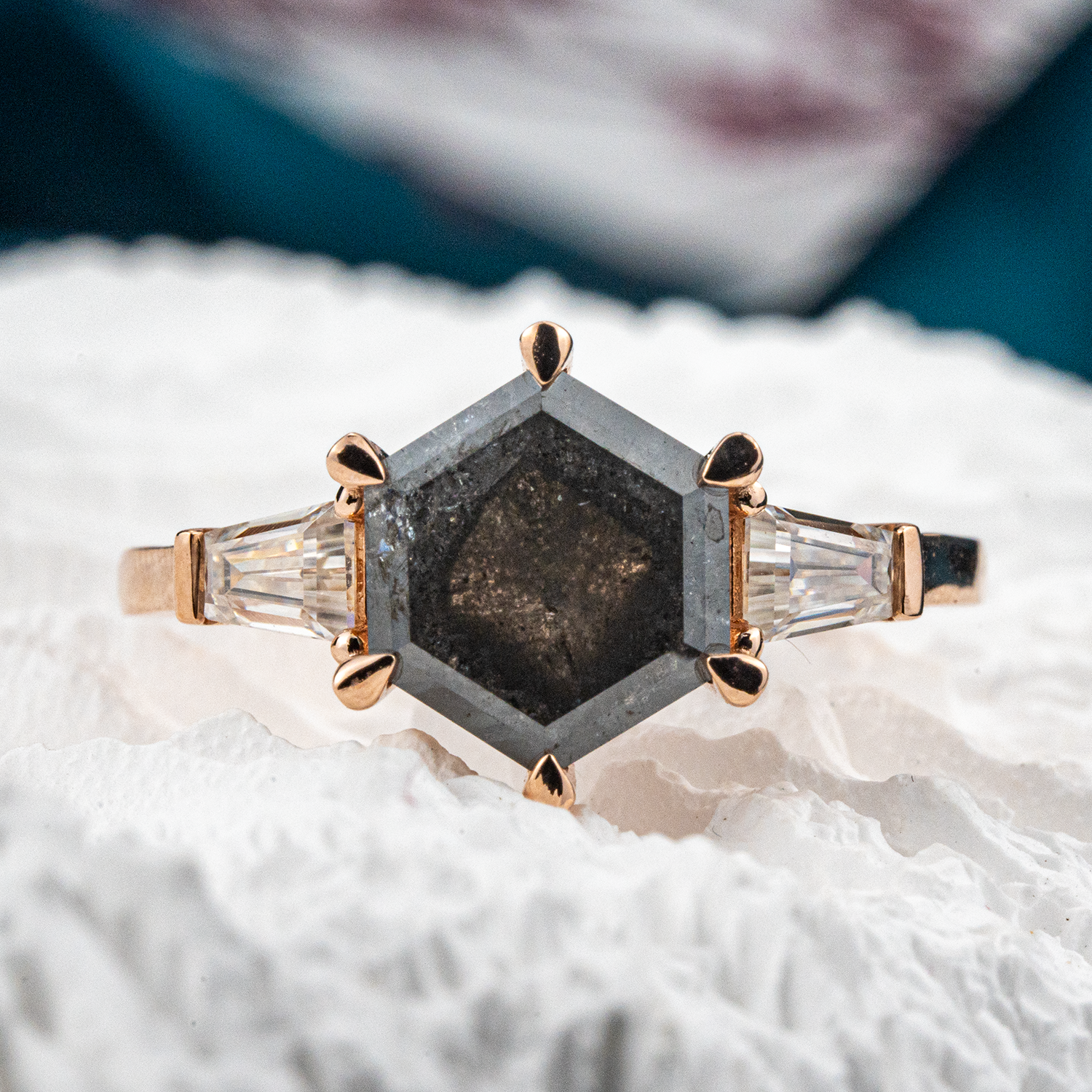 Hexagonal salt and pepper diamond ring - unique engagement jewelry