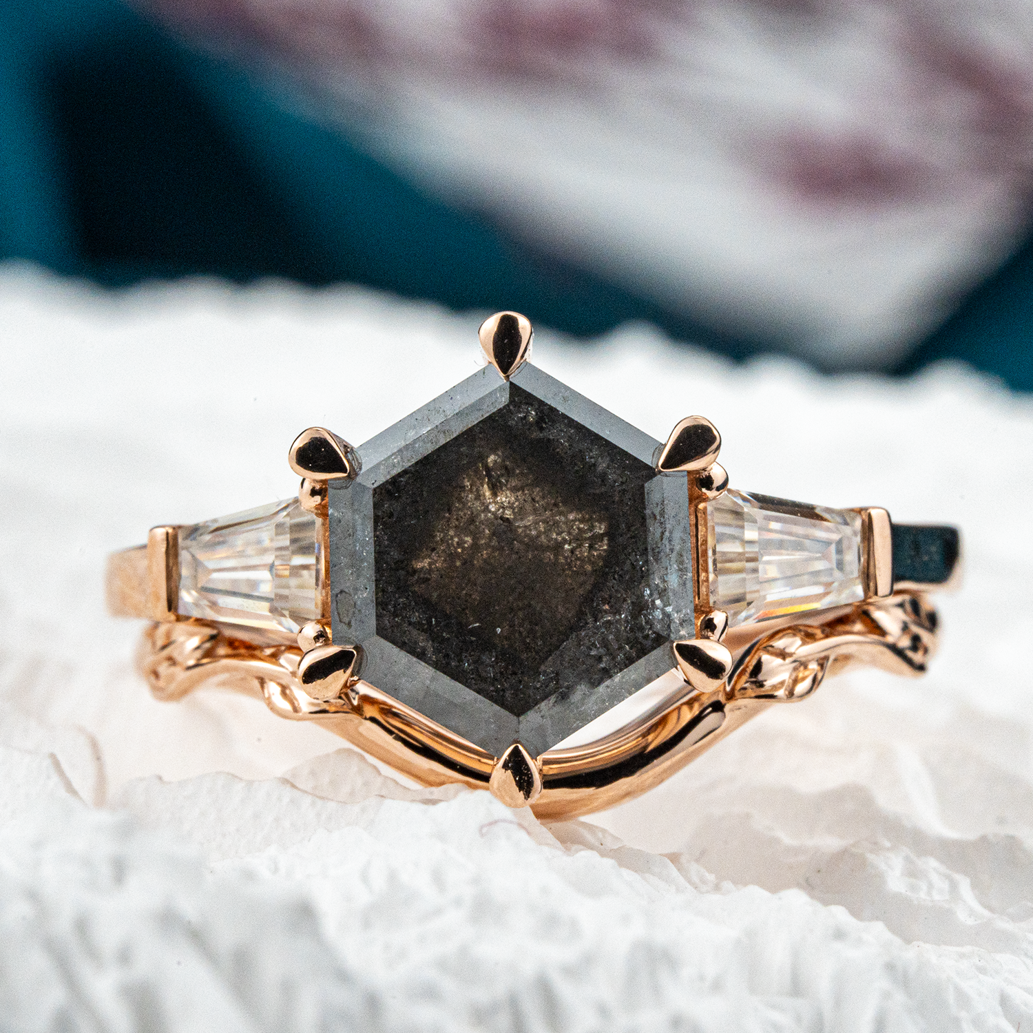 Elegant hexagonal salt and pepper ring set crafted in 18k gold - perfect for engagement