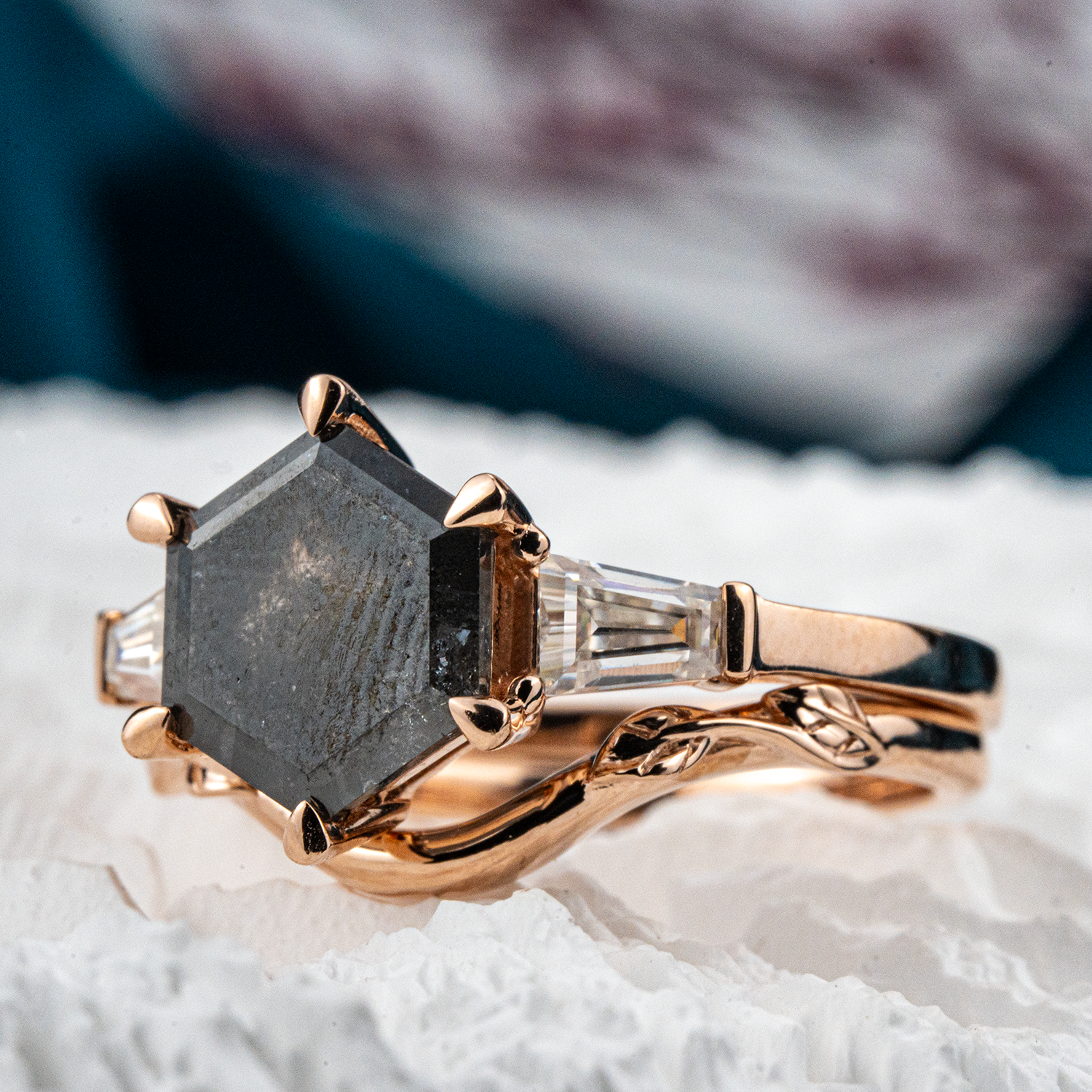 Elegant hexagonal salt and pepper ring set crafted in 18k gold - perfect for engagement