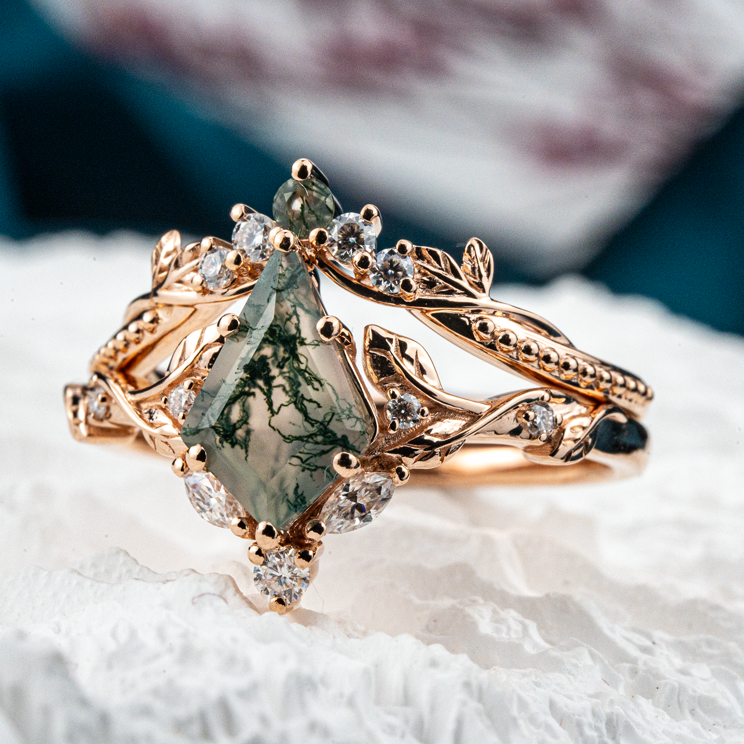 Kite Moss Agate Ring Set - Nature Inspired, Engagement Ring, Leaf Ring
