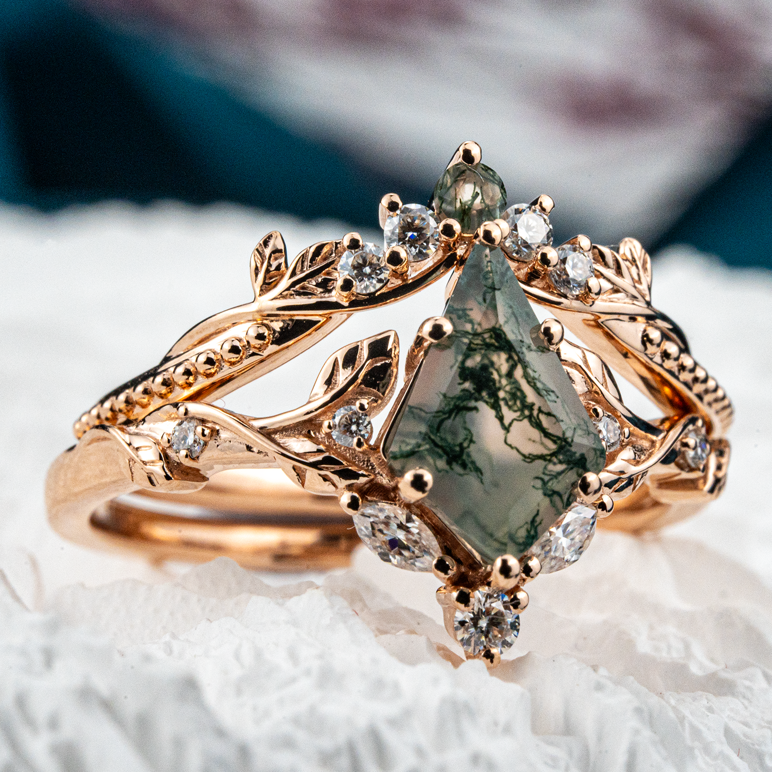 Kite Moss Agate Ring Set - Nature Inspired, Engagement Ring, Leaf Ring