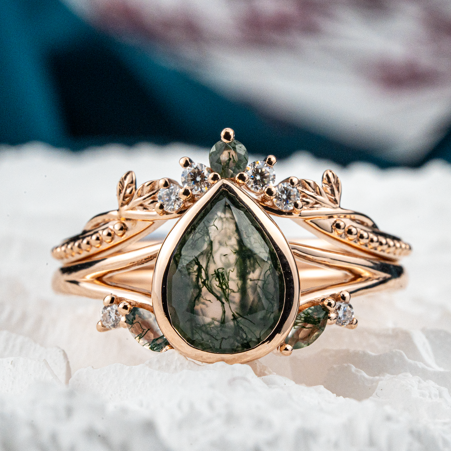 Vintage Anniversary Pear Shape Moss Agate Natural Design Ring Set Floarl Ring Set