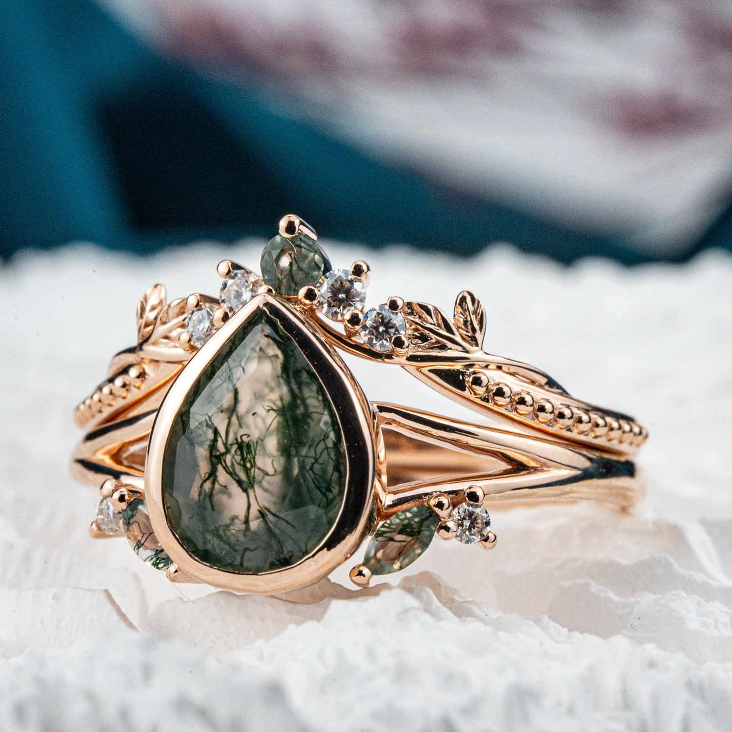 Vintage Anniversary Pear Shape Moss Agate Natural Design Ring Set Floarl Ring Set