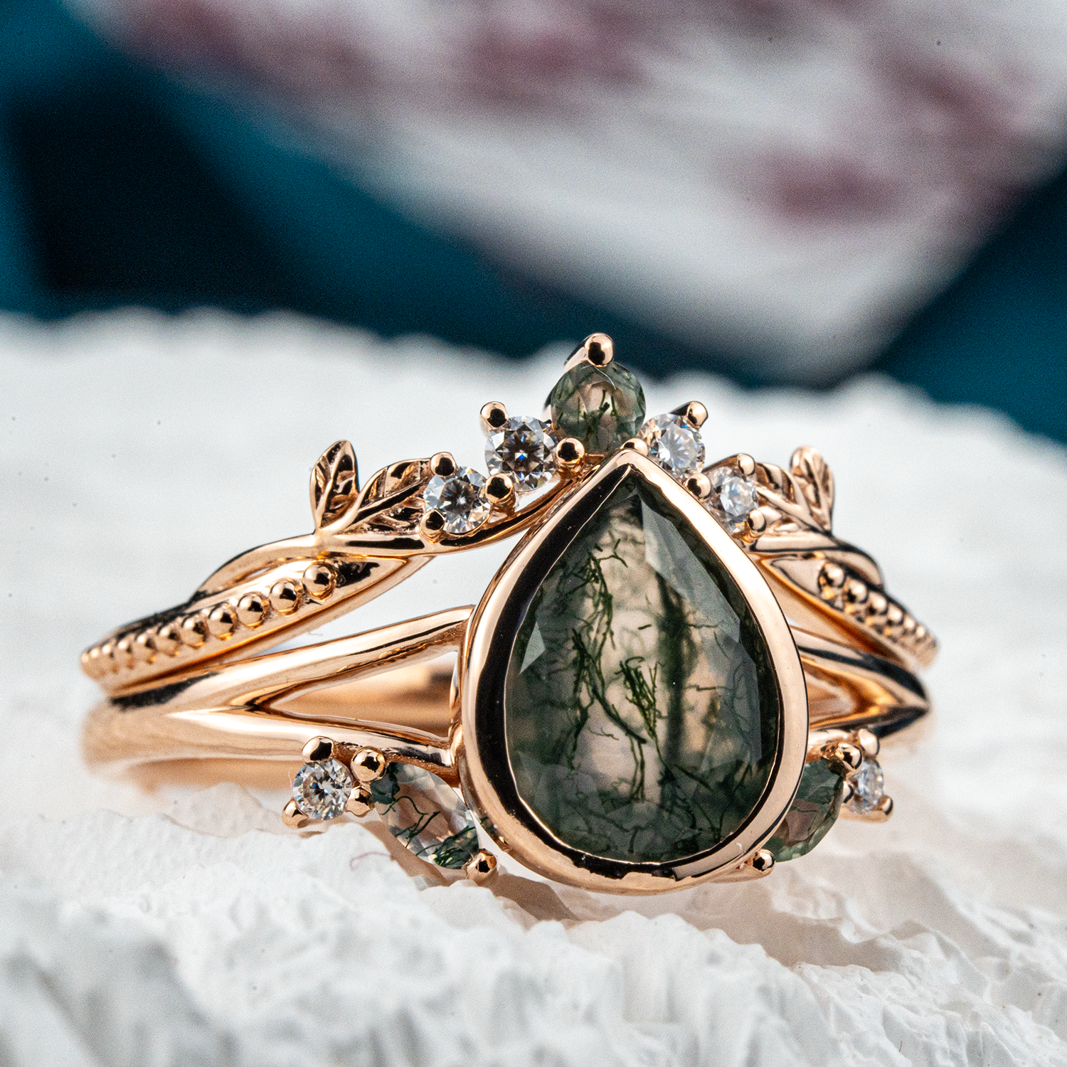 Vintage Anniversary Pear Shape Moss Agate Natural Design Ring Set Floarl Ring Set