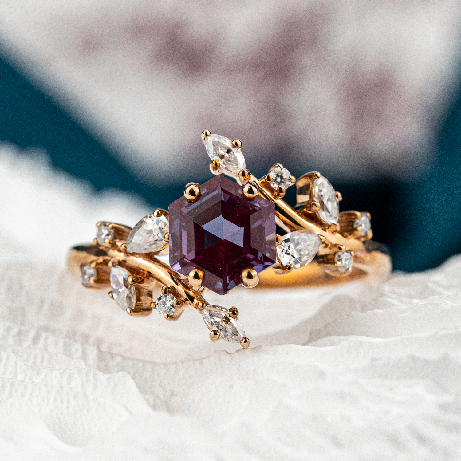 Hexagon Lab Alexandrite Leaf Ring With Moissanite.