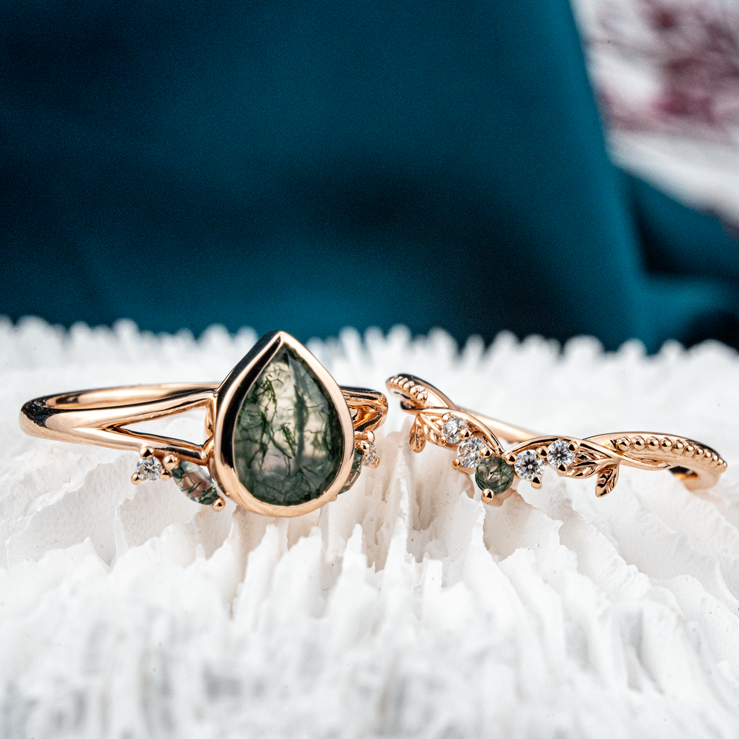 Vintage Anniversary Pear Shape Moss Agate Natural Design Ring Set Floarl Ring Set
