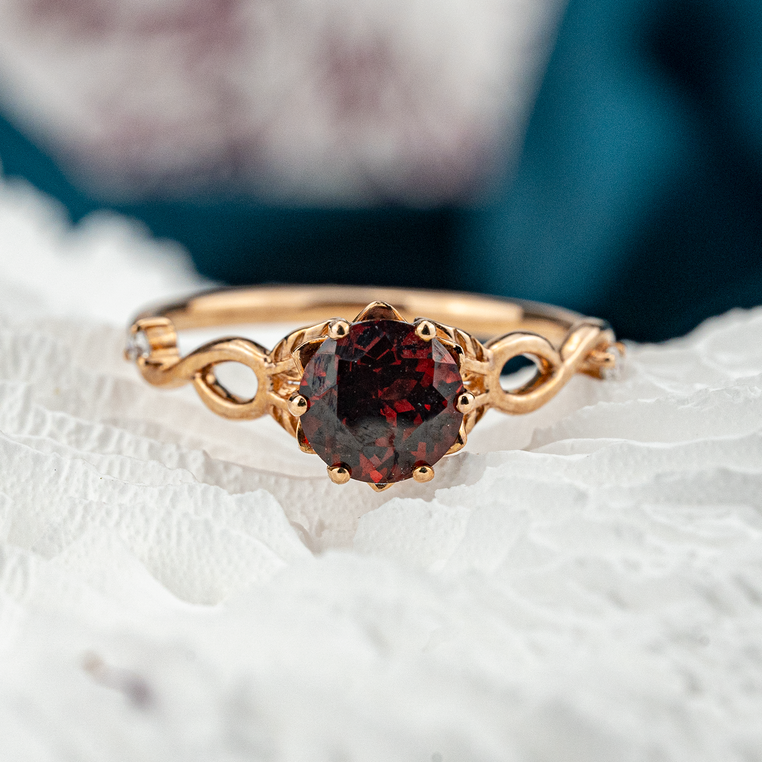 Round Cut Red Garnet Leaf Ring.