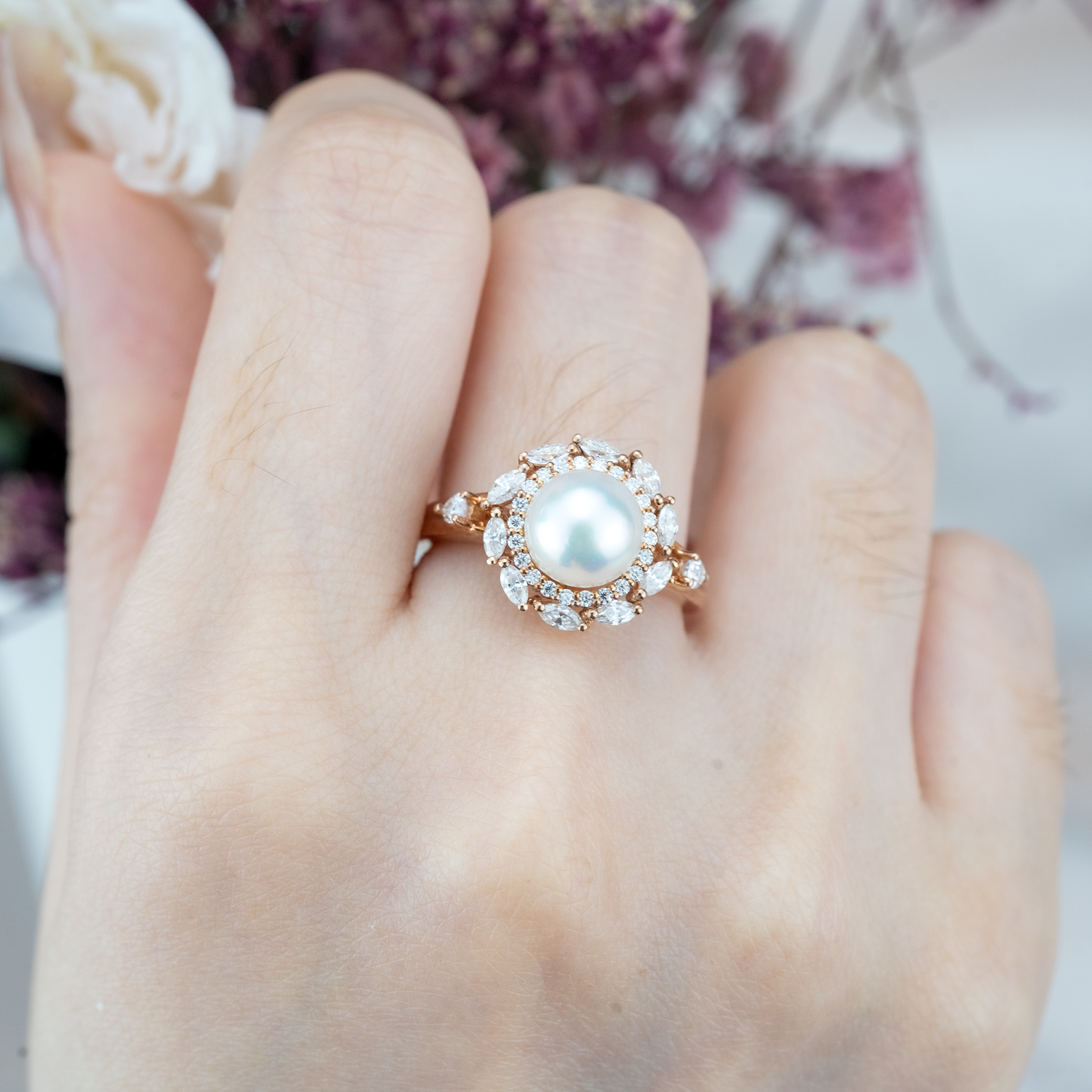 Vintage Pearl Engagement Ring Moissanite.