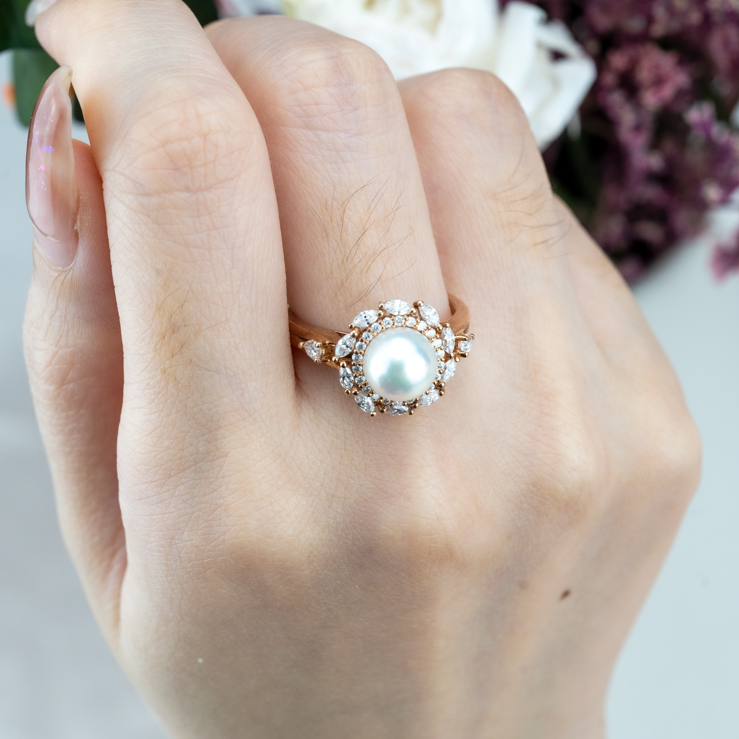 Vintage Pearl Engagement Ring Moissanite.