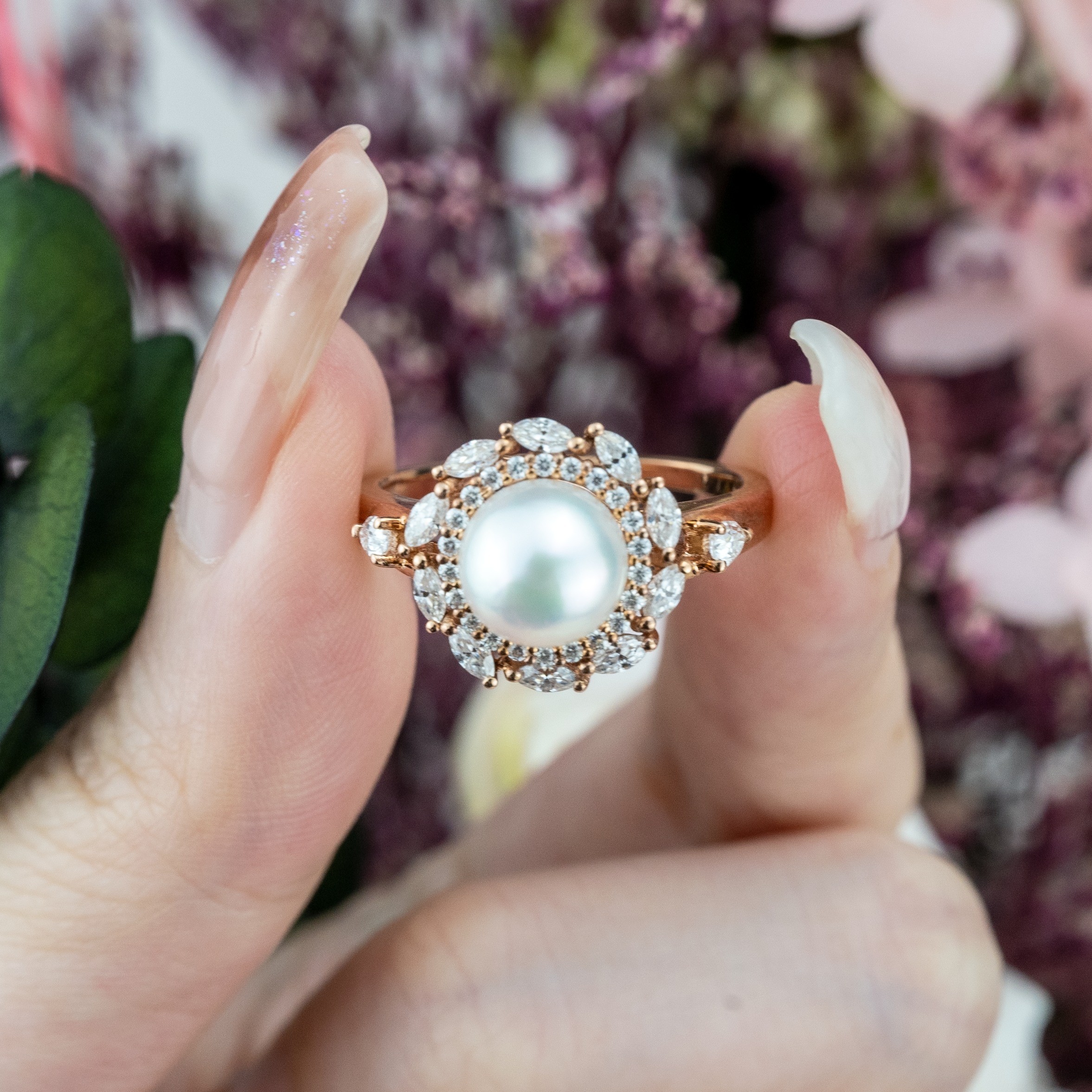Vintage Pearl Engagement Ring Moissanite.