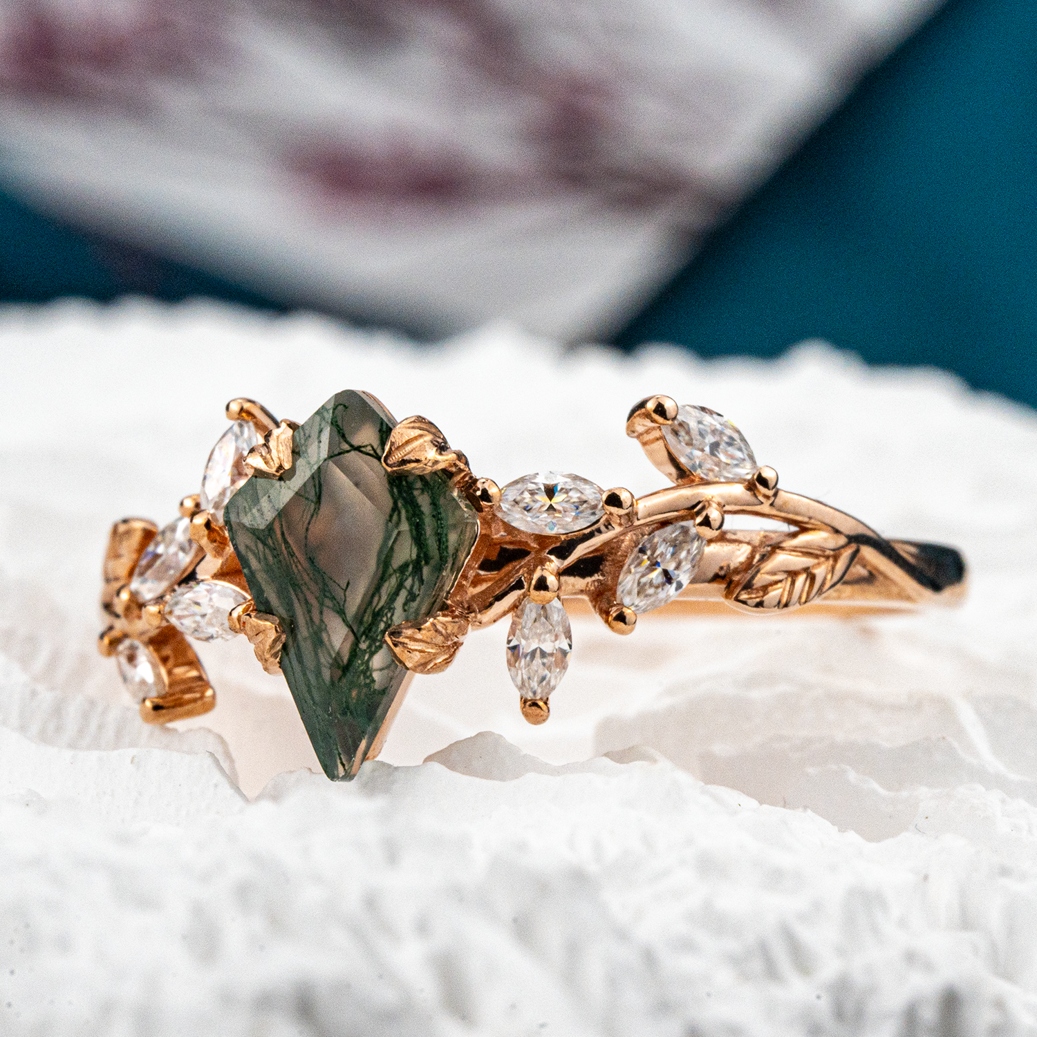 Elegant Leaf Ring crafted with Kite Moss Agate, perfect for weddings, engagement and special occasions.
