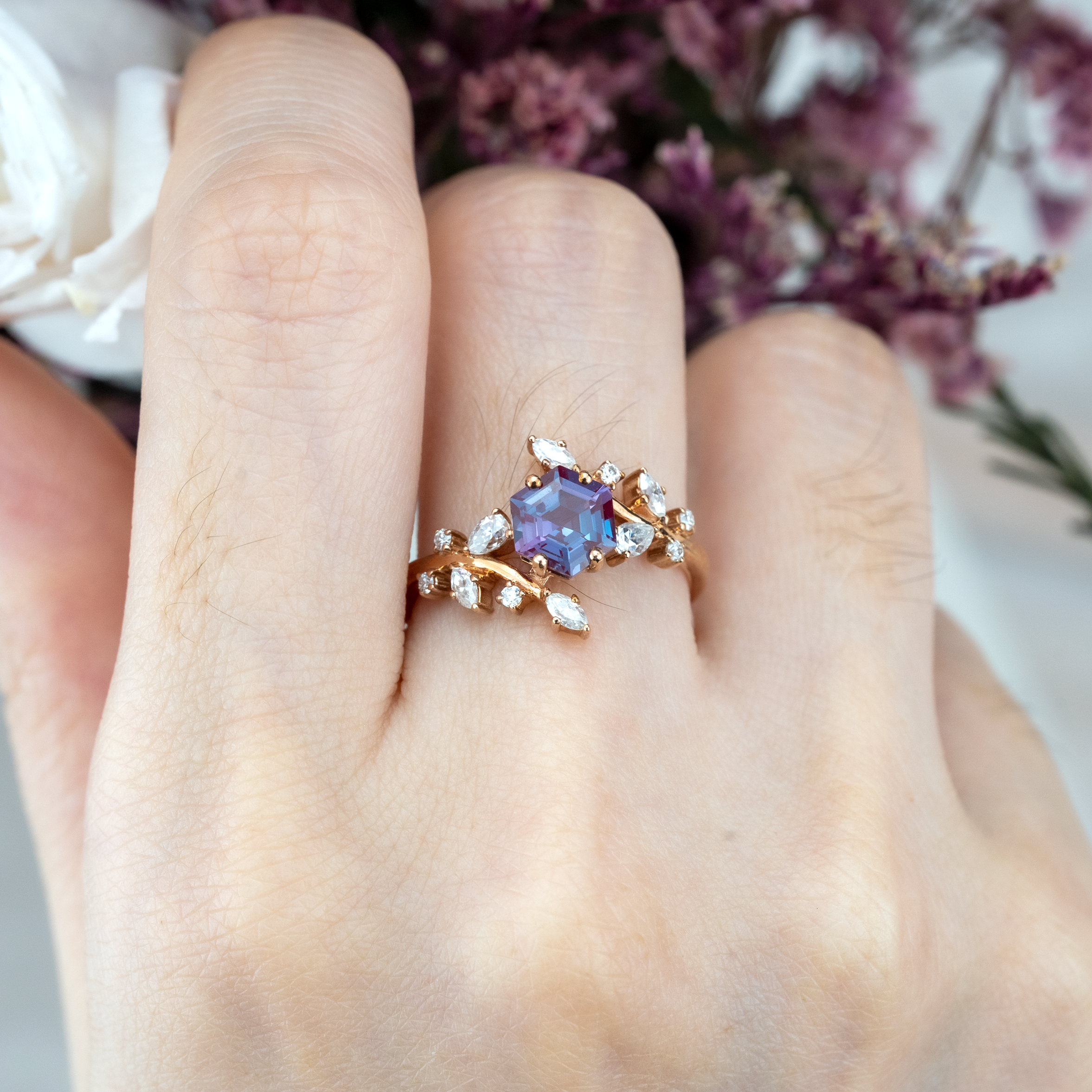 Hexagon Lab Alexandrite Leaf Ring With Moissanite.