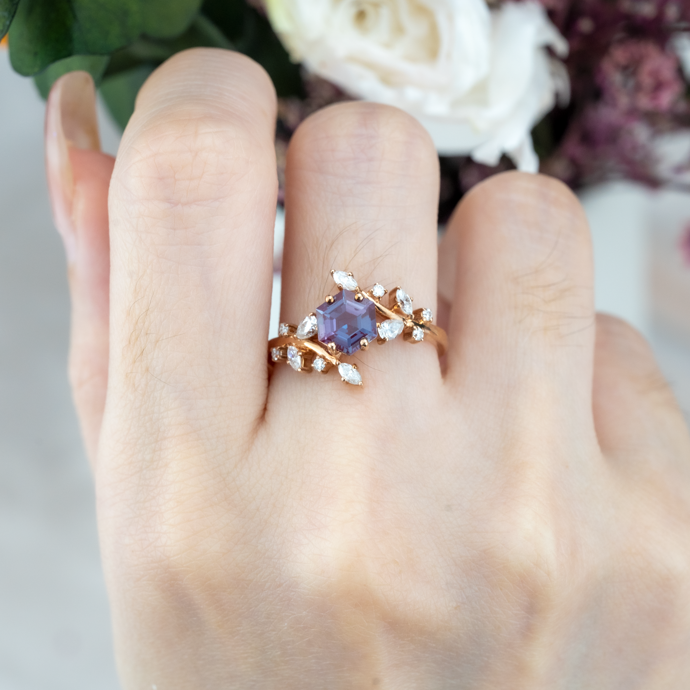Hexagon Lab Alexandrite Leaf Ring With Moissanite.