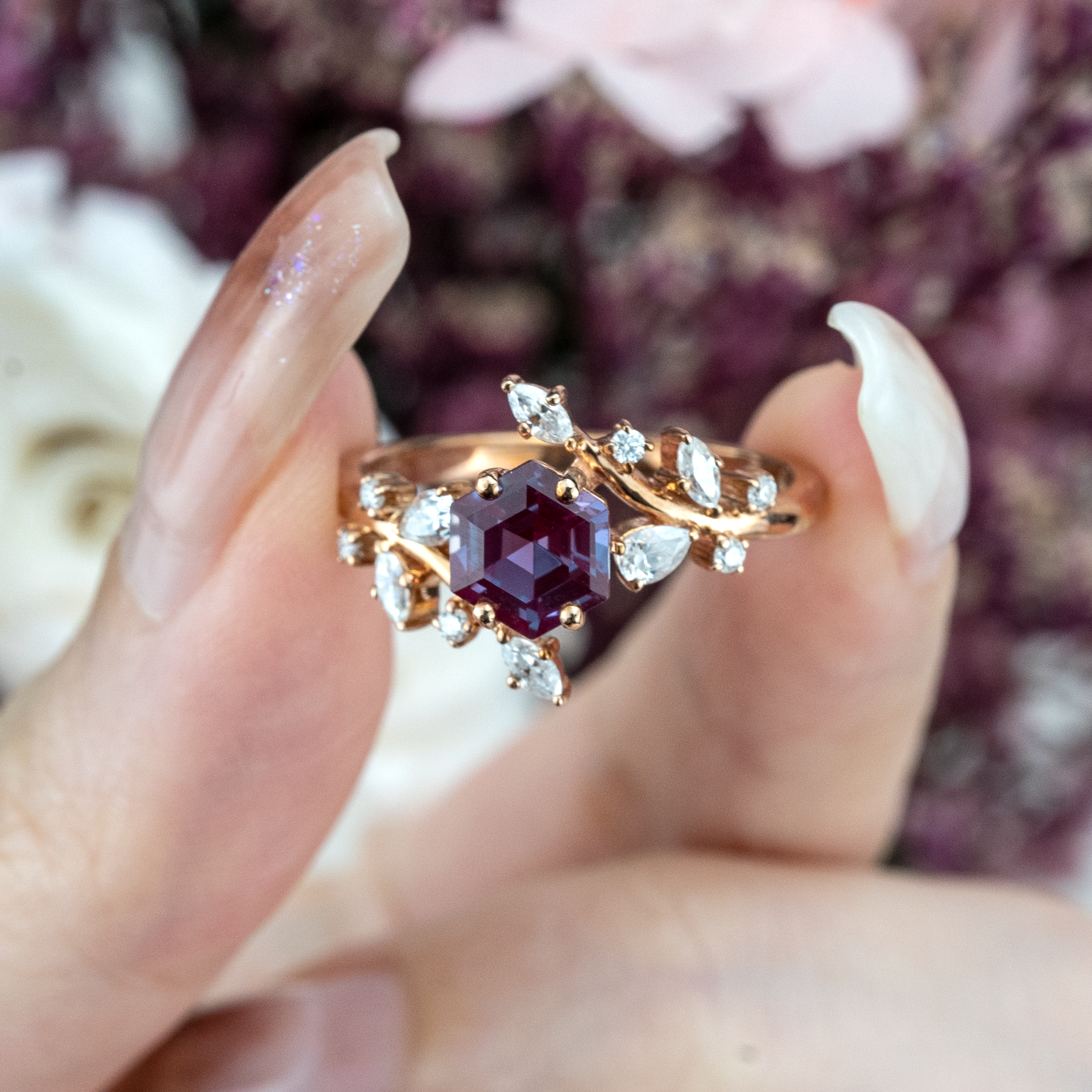 Hexagon Lab Alexandrite Leaf Ring With Moissanite.