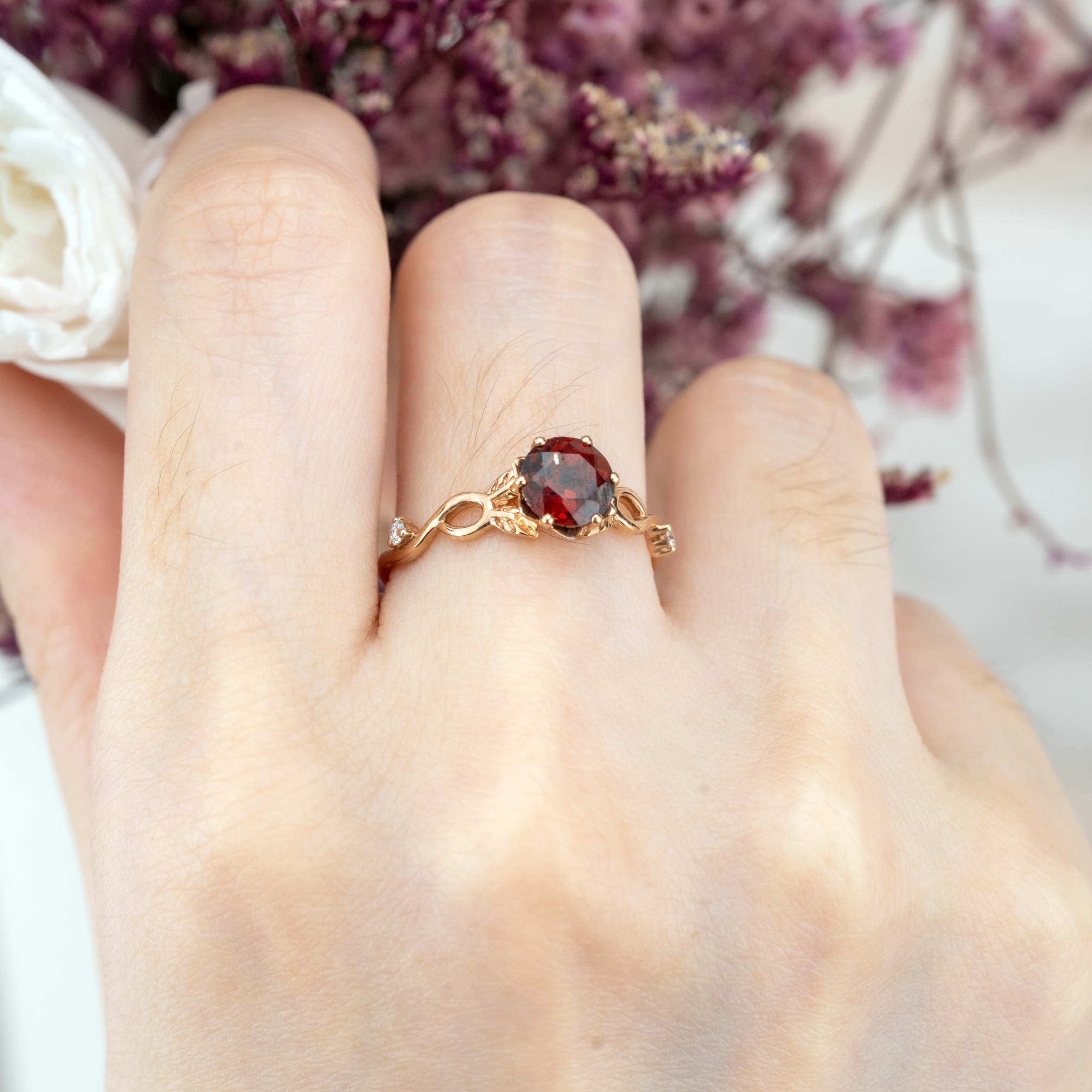 Round Cut Red Garnet Leaf Ring.