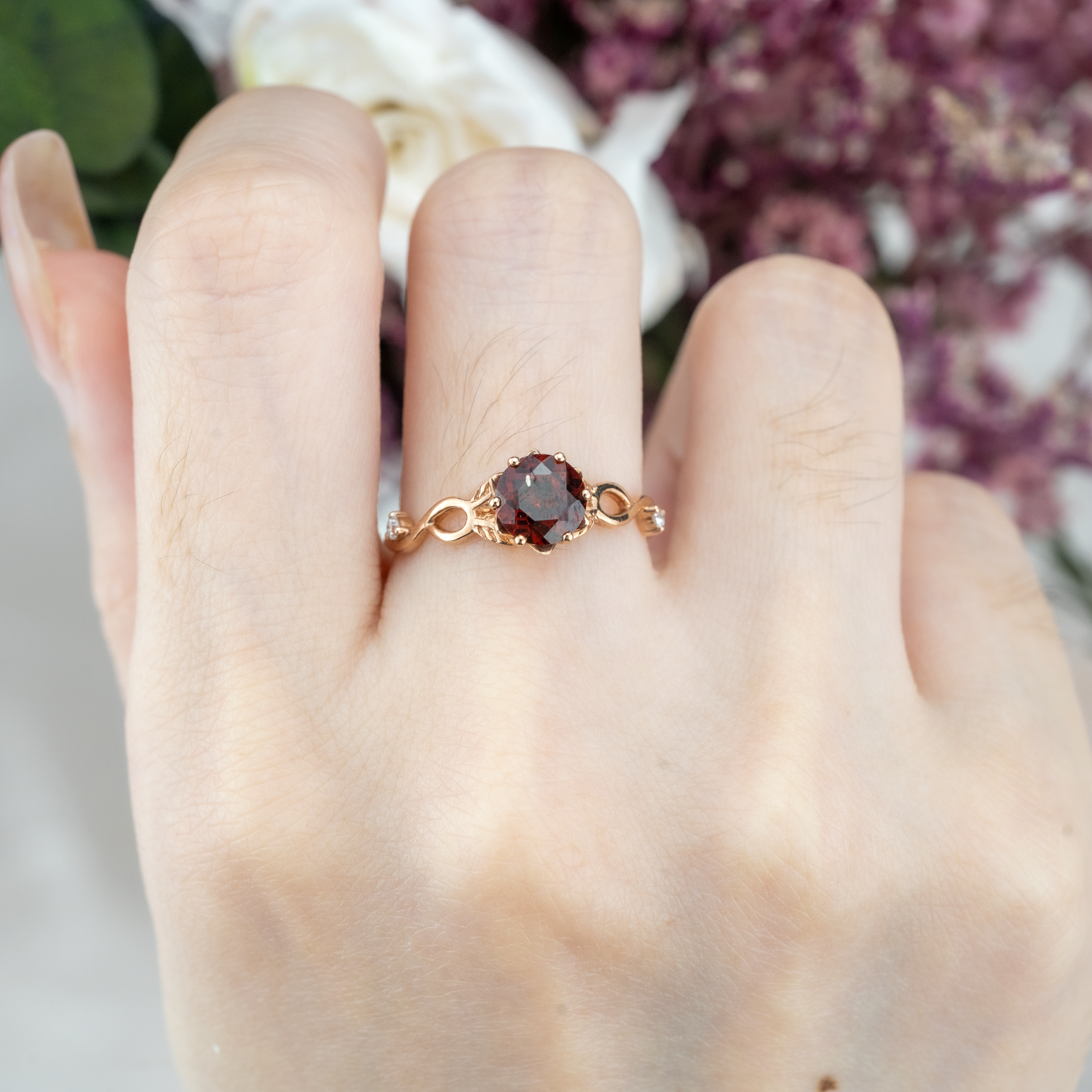 Round Cut Red Garnet Leaf Ring.