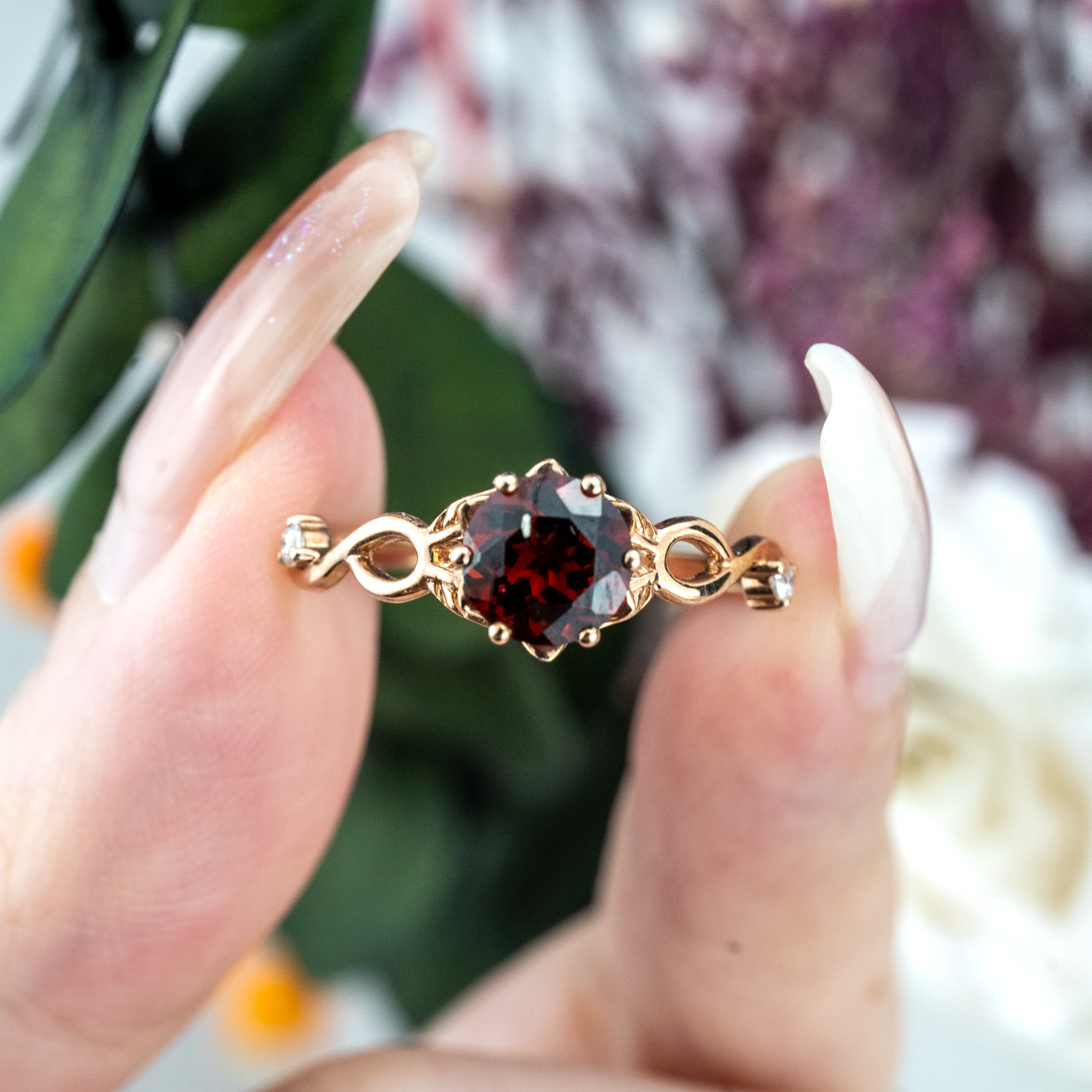 Round Cut Red Garnet Leaf Ring.