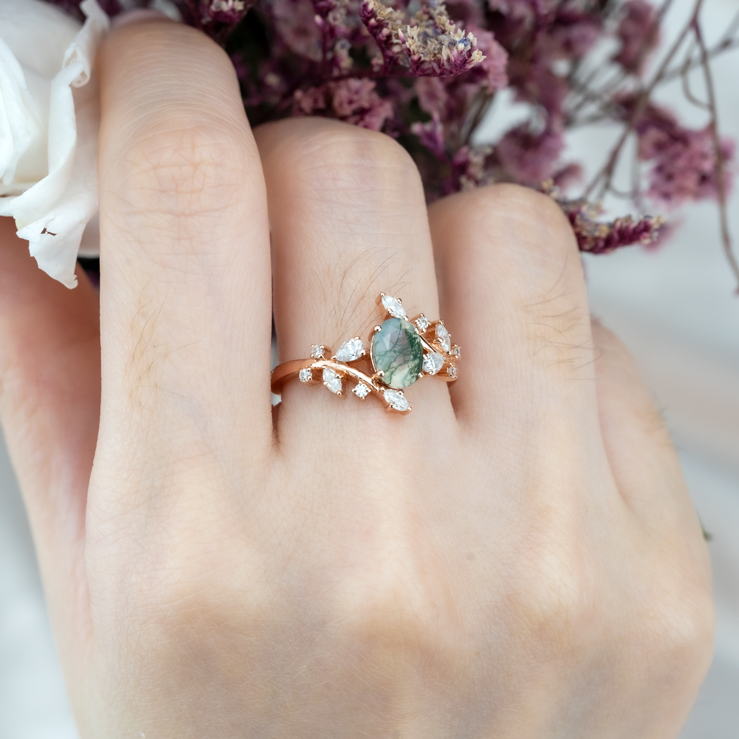 Oval Moss Agate Leaf Ring.