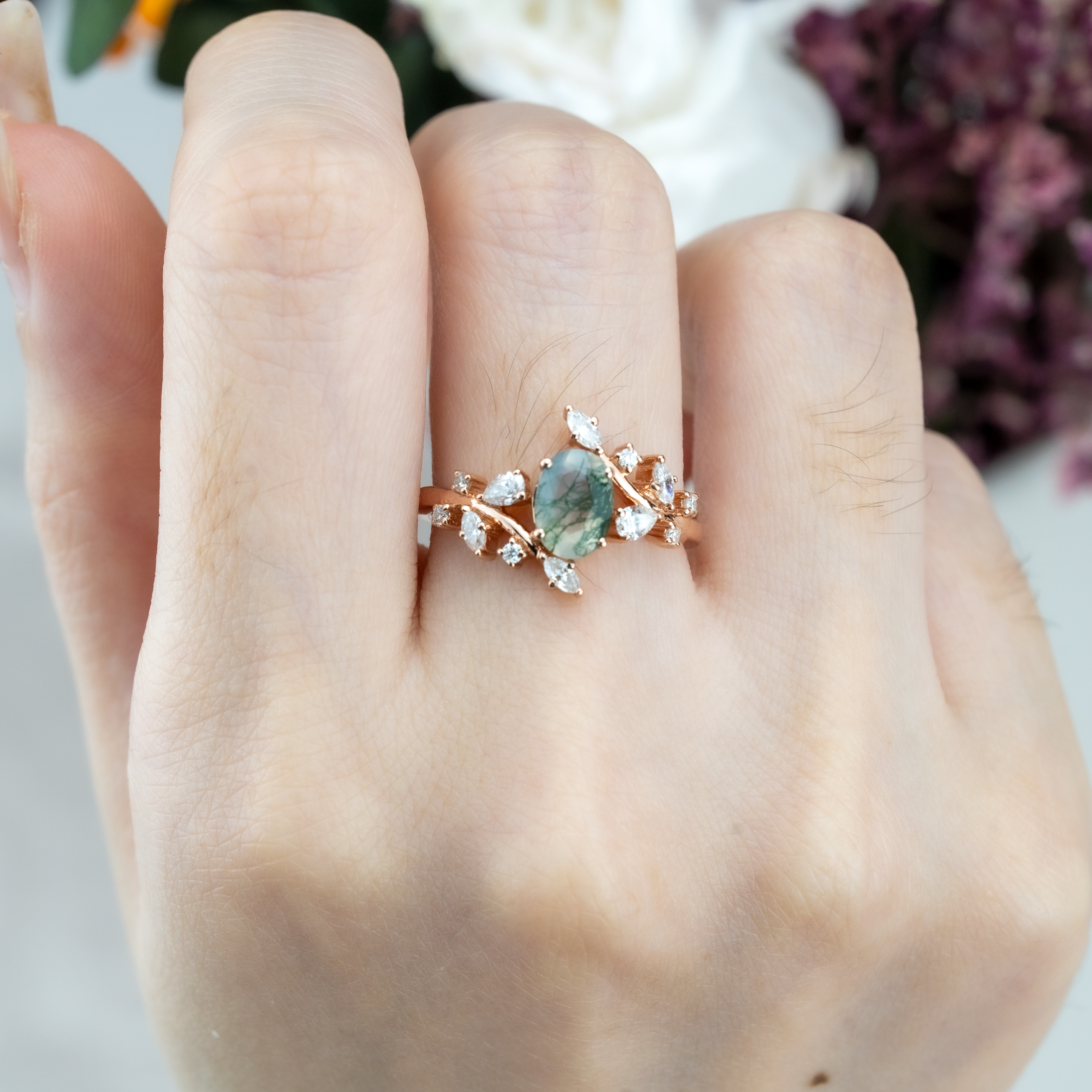 Oval Moss Agate Leaf Ring.