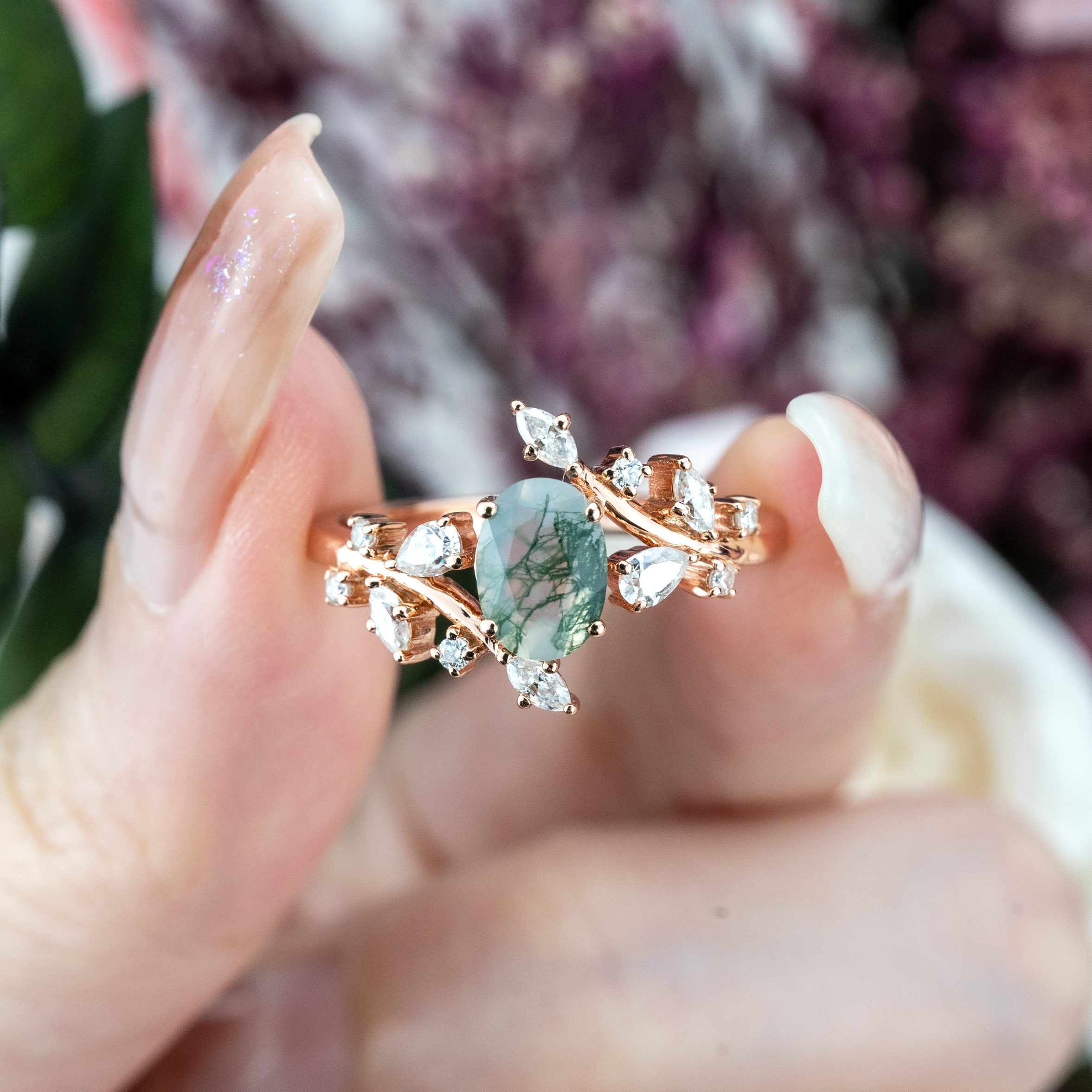 Oval Moss Agate Leaf Ring.