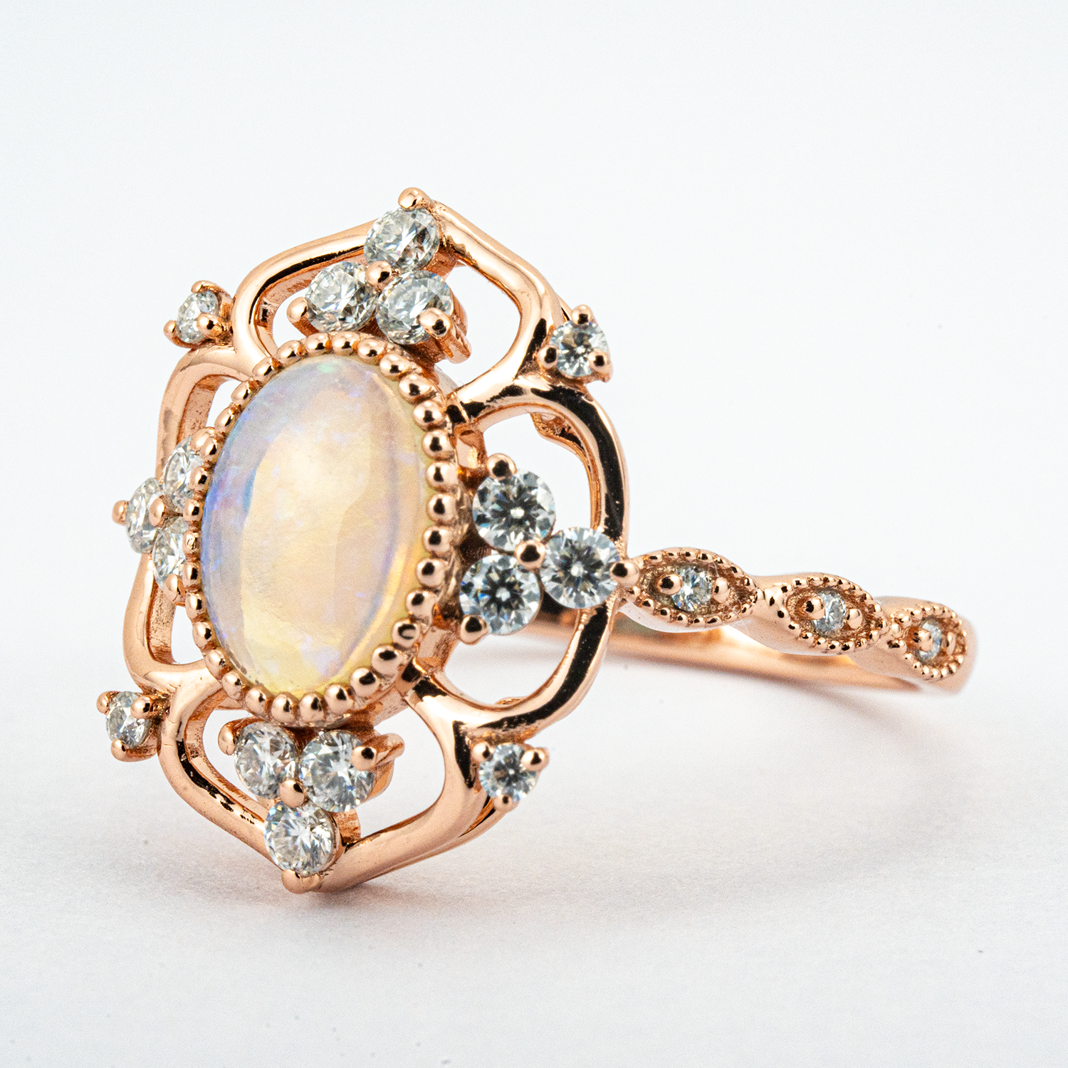 Natural Opal Gold Ring With Moissanite.