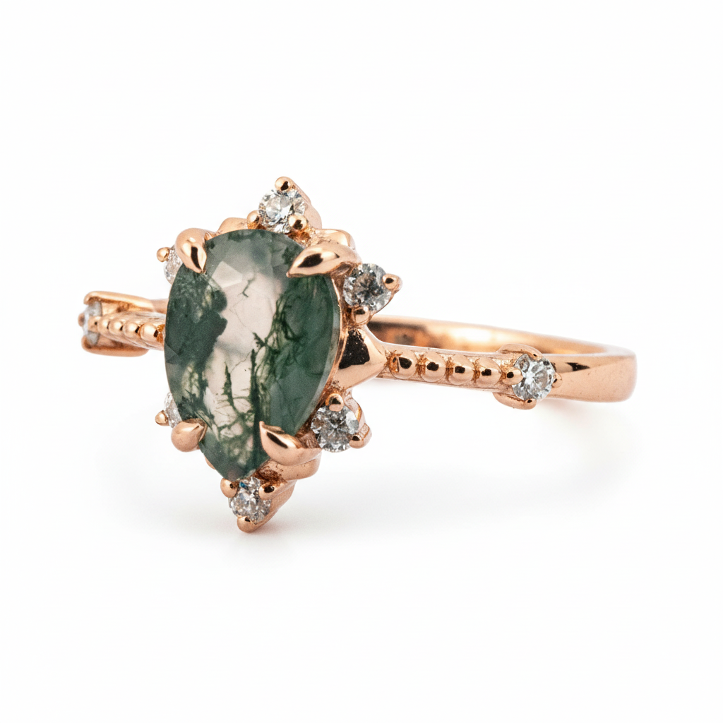 Product view of Pear Moss Agate Engagement Ring in Gold