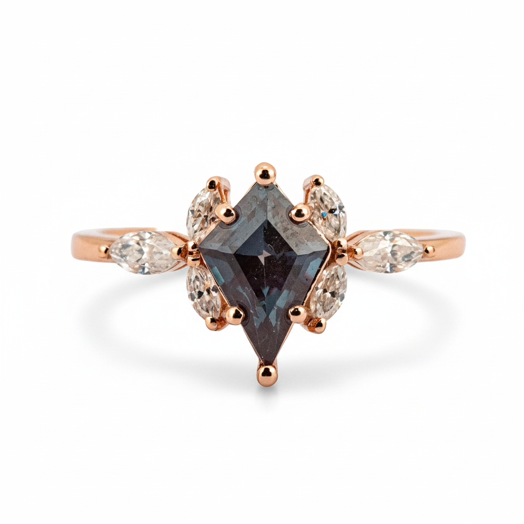 Front view of Kite Cut Alexandrite Ring in Rose Gold