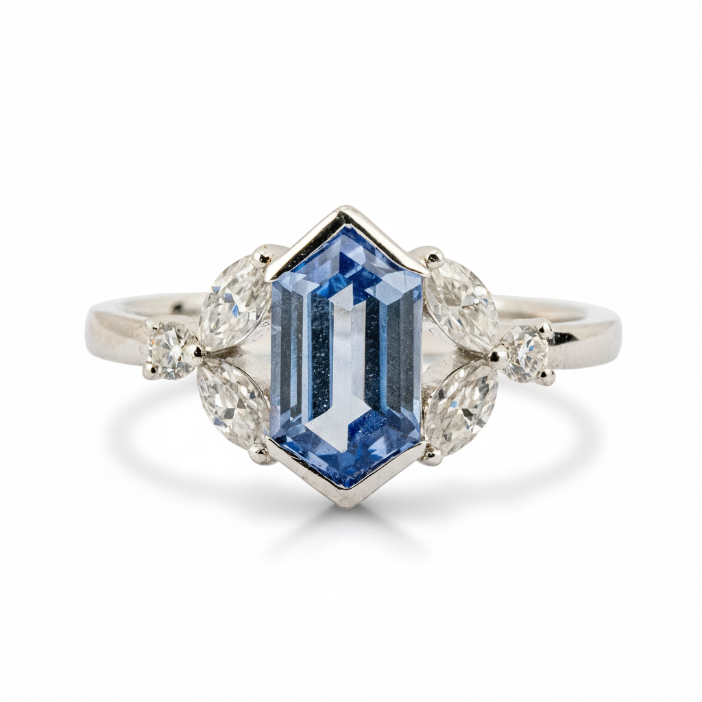 Front view of Long Hexagon Lab Sapphire Ring in Gold