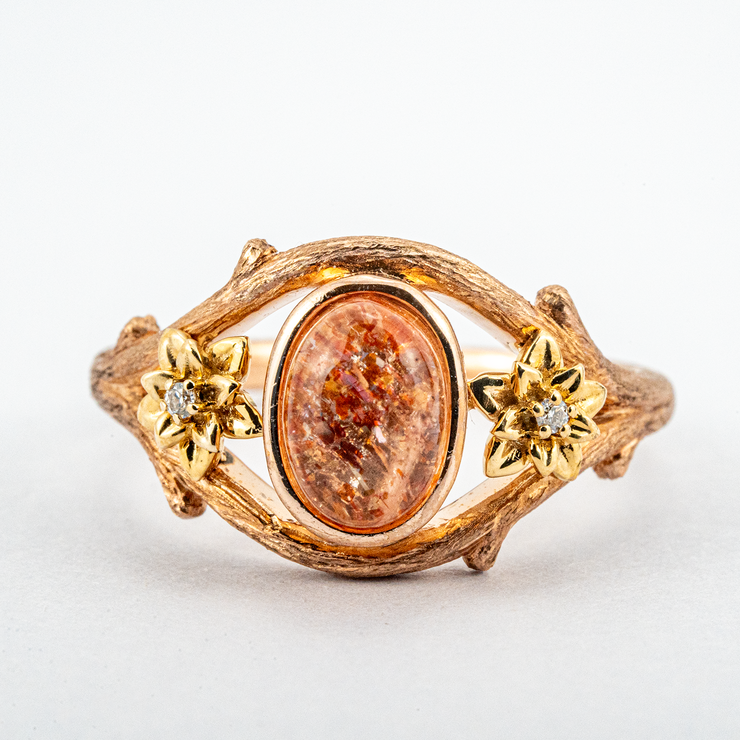 Handmade Sunstone Texture Gold Leaf Ring Engagement/Wedding.